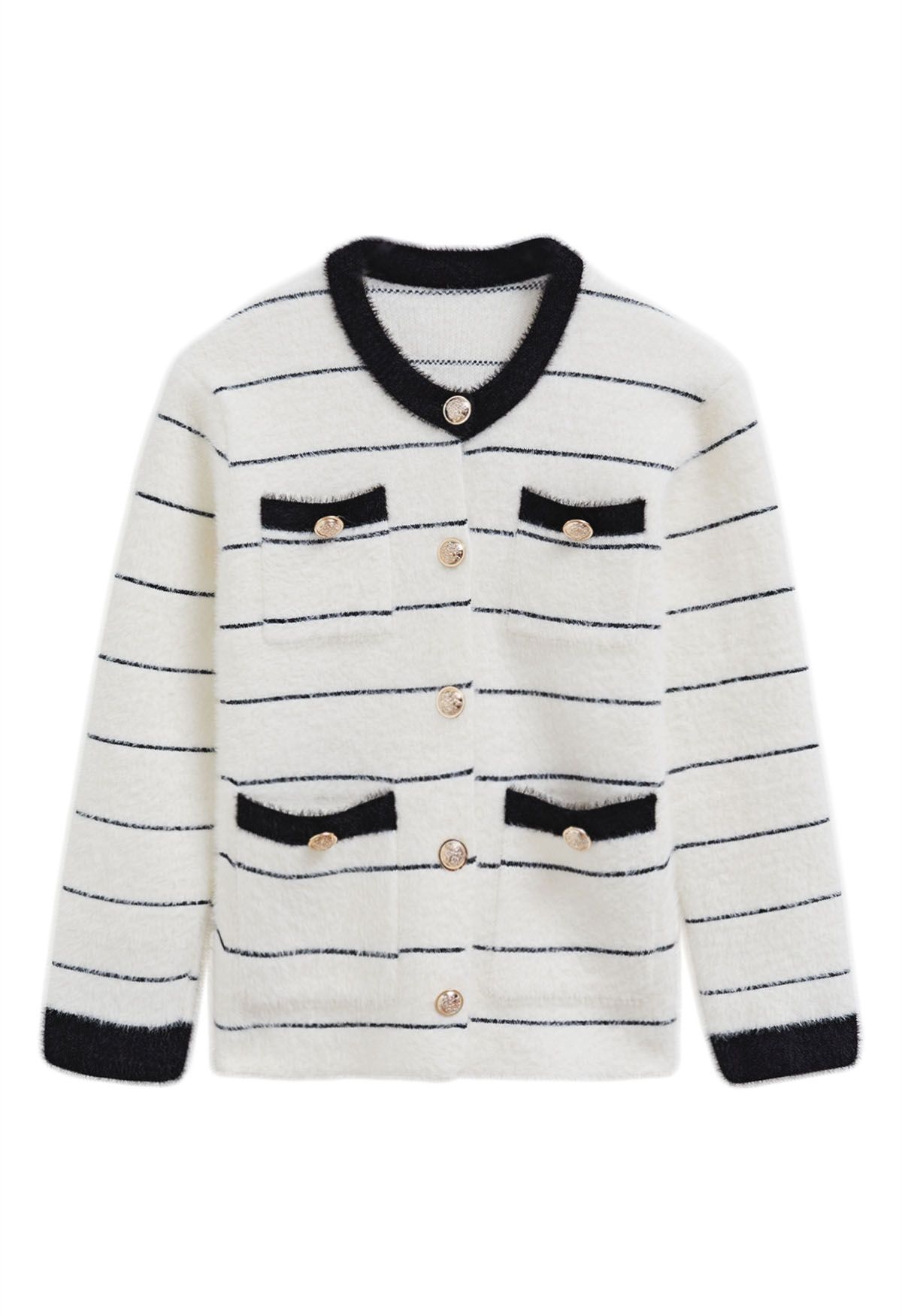 Contrast Striped Patch Pocket Fuzzy Knit Cardigan in White