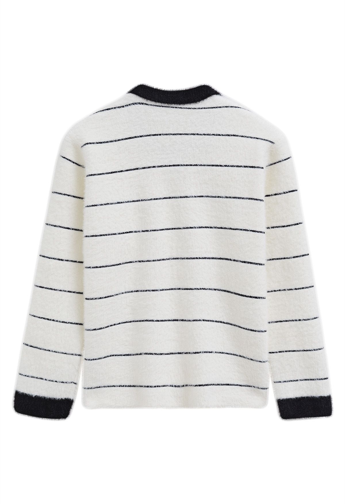 Contrast Striped Patch Pocket Fuzzy Knit Cardigan in White