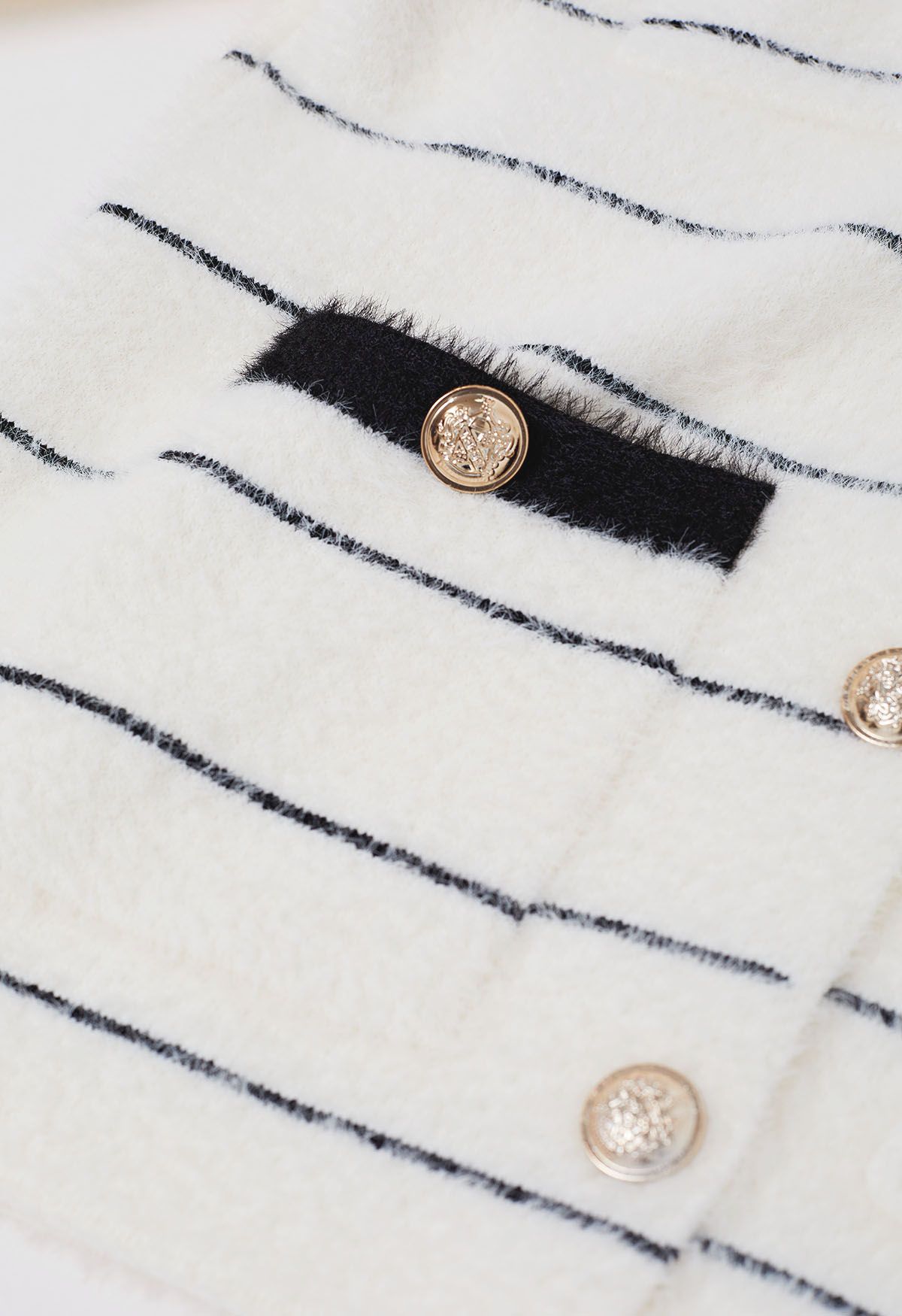 Contrast Striped Patch Pocket Fuzzy Knit Cardigan in White