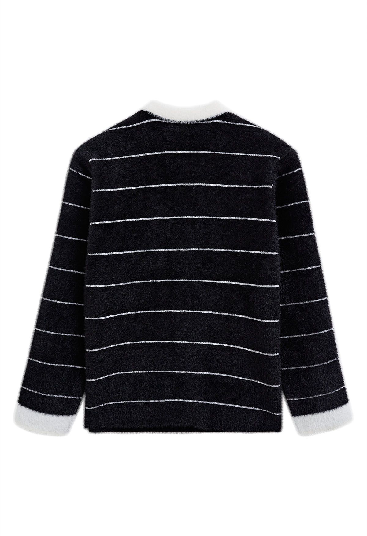 Contrast Striped Patch Pocket Fuzzy Knit Cardigan in Black