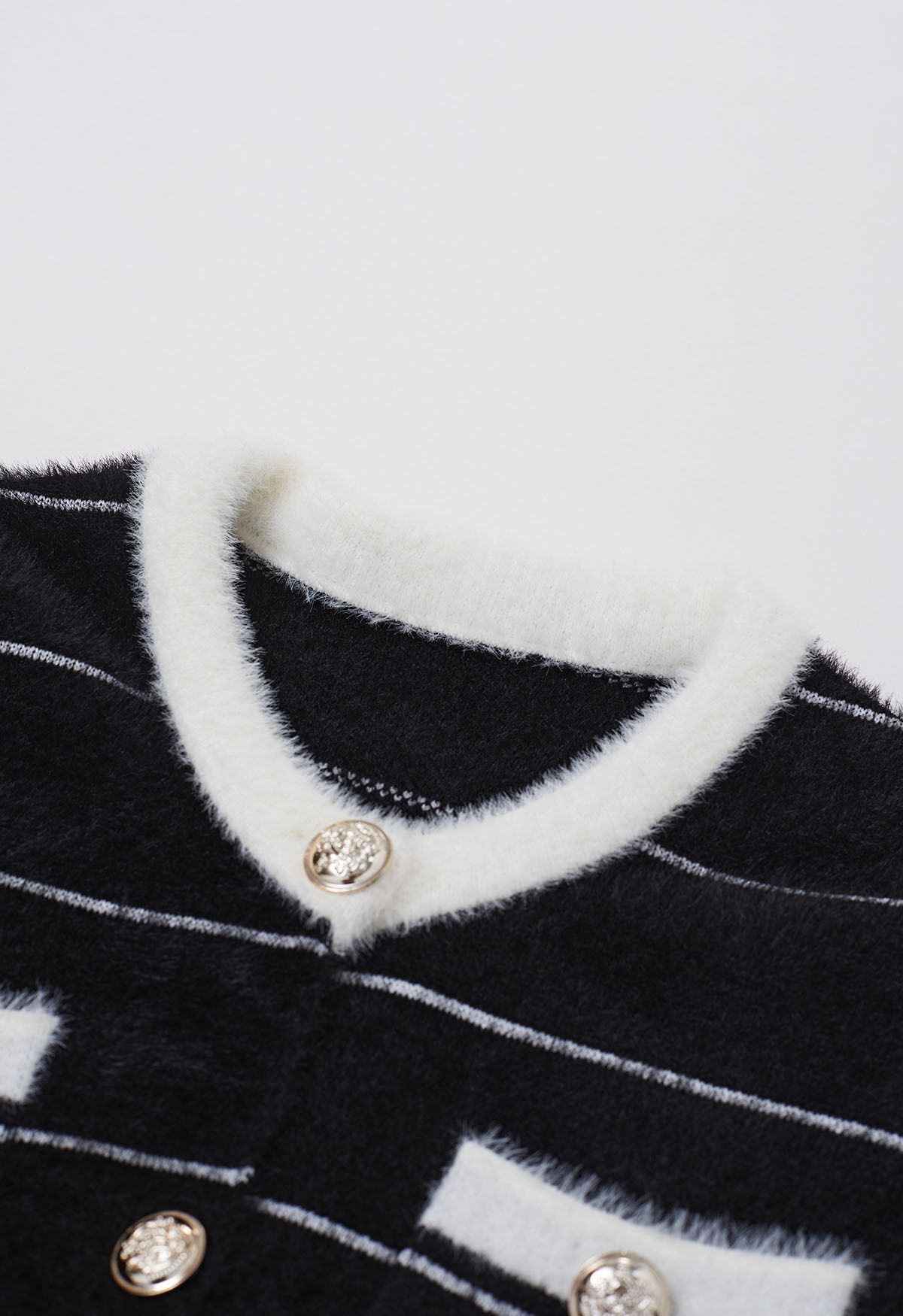 Contrast Striped Patch Pocket Fuzzy Knit Cardigan in Black