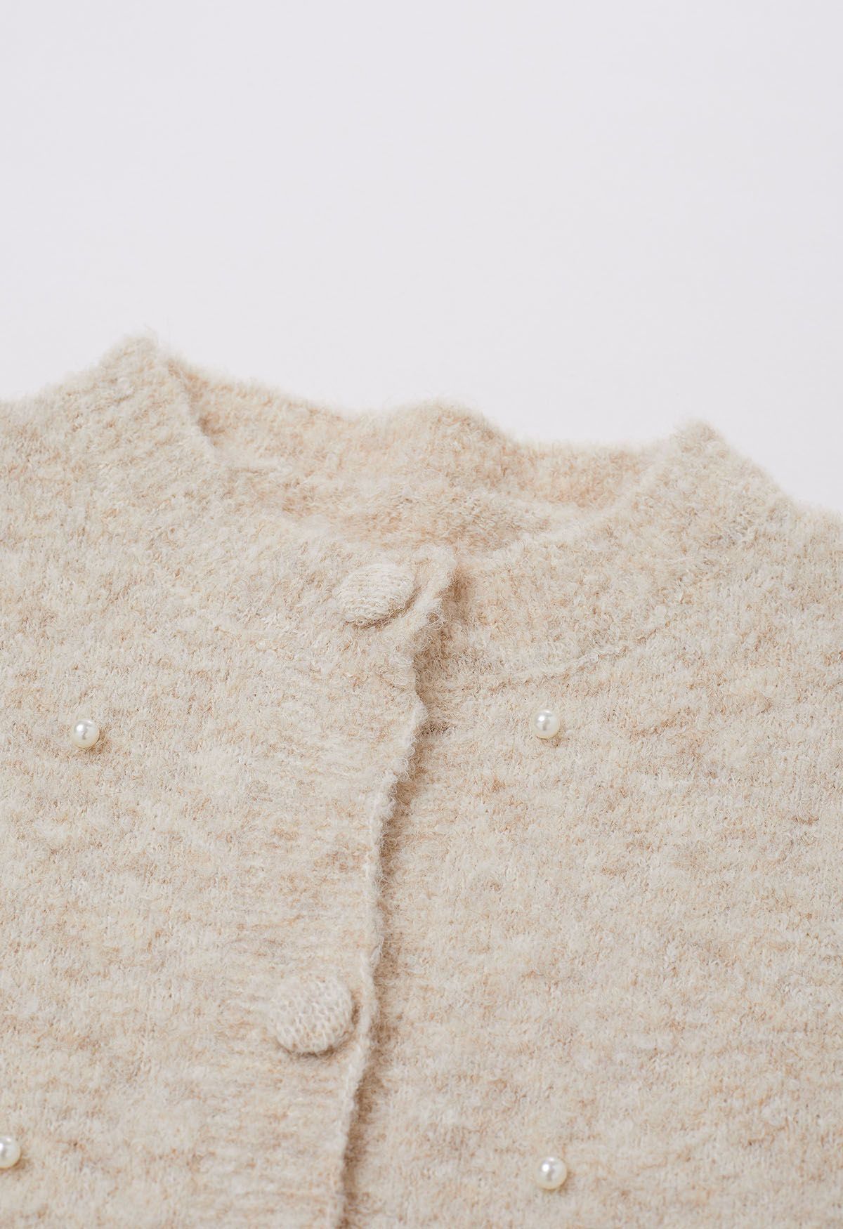 Pearl Embellished Cardigan and Mini Bud Skirt Set in Oatmeal