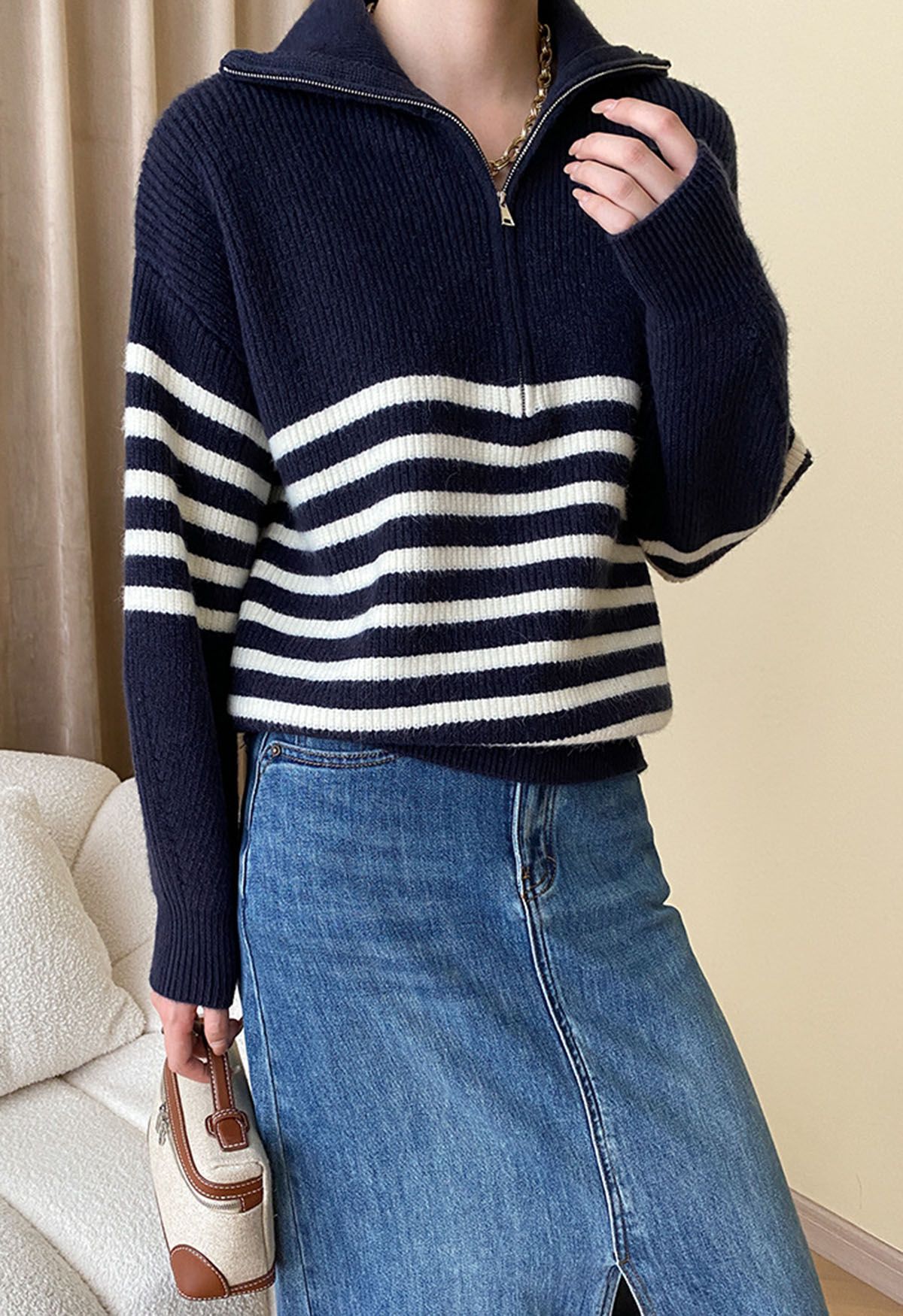 Flap Collar Zipper Neck Striped Knit Sweater in Navy