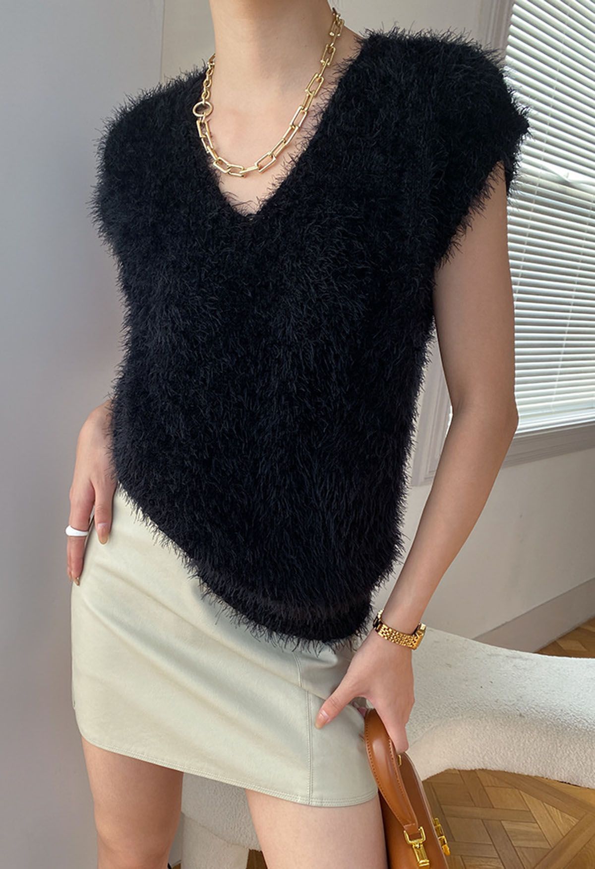 Fuzzy Dotted Sleeveless Knit Sweater in Black