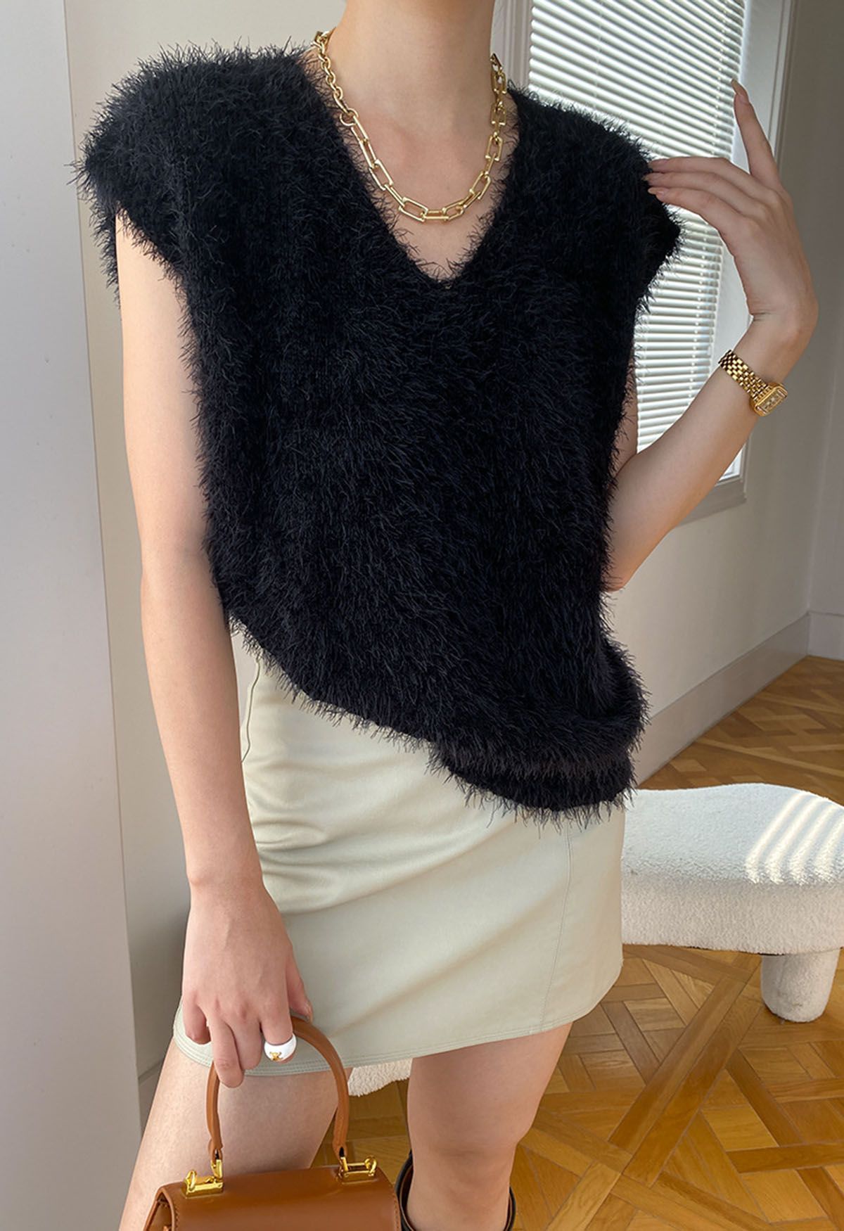 Fuzzy Dotted Sleeveless Knit Sweater in Black