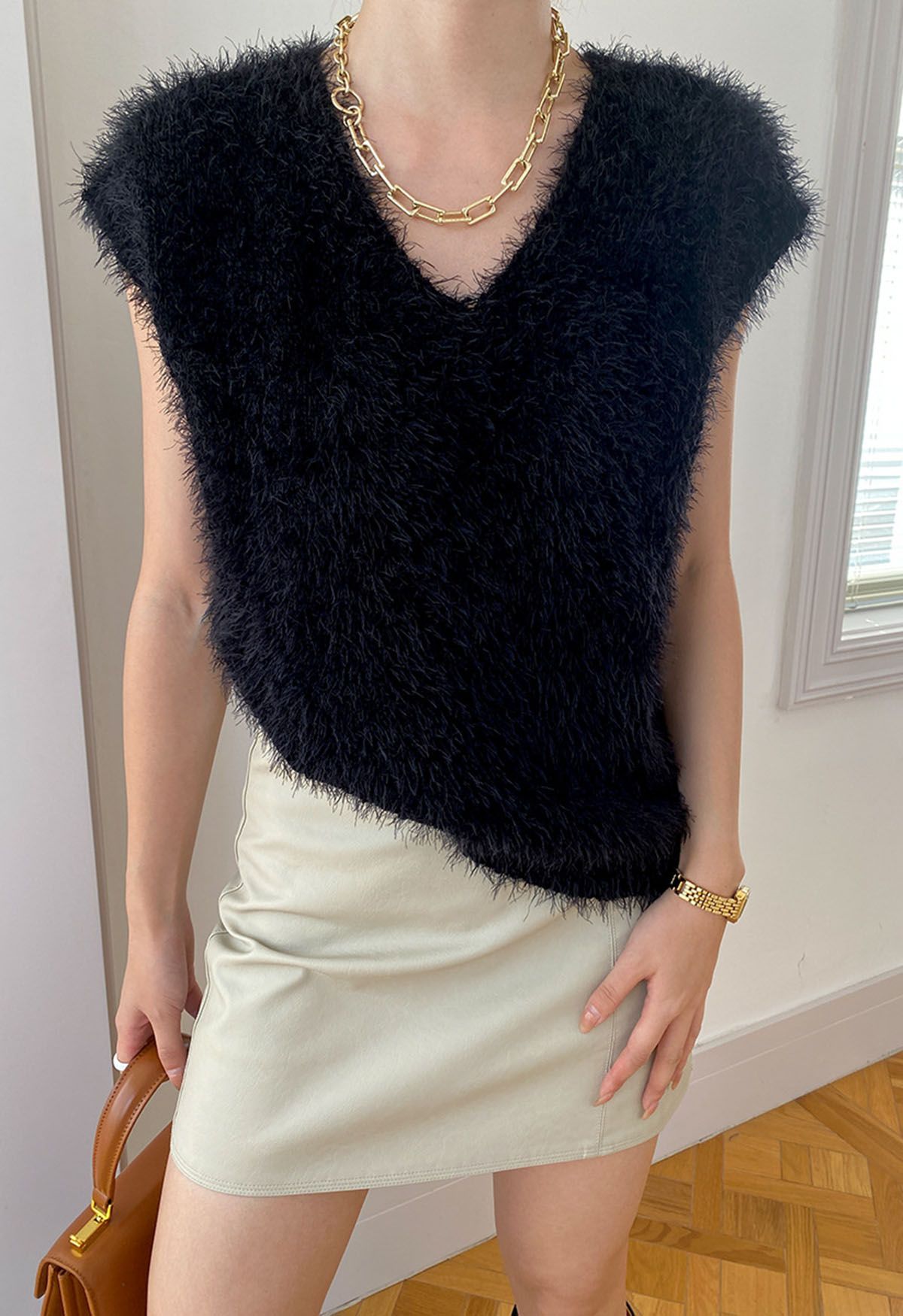 Fuzzy Dotted Sleeveless Knit Sweater in Black