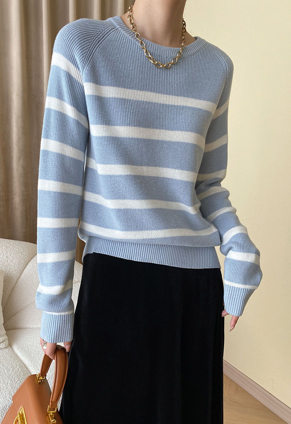 Versatile Round Neck Striped Knit Sweater in Blue