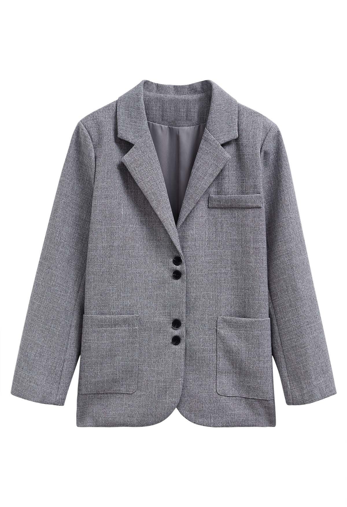 Patch Pocket Woven Texture Buttoned Blazer in Grey