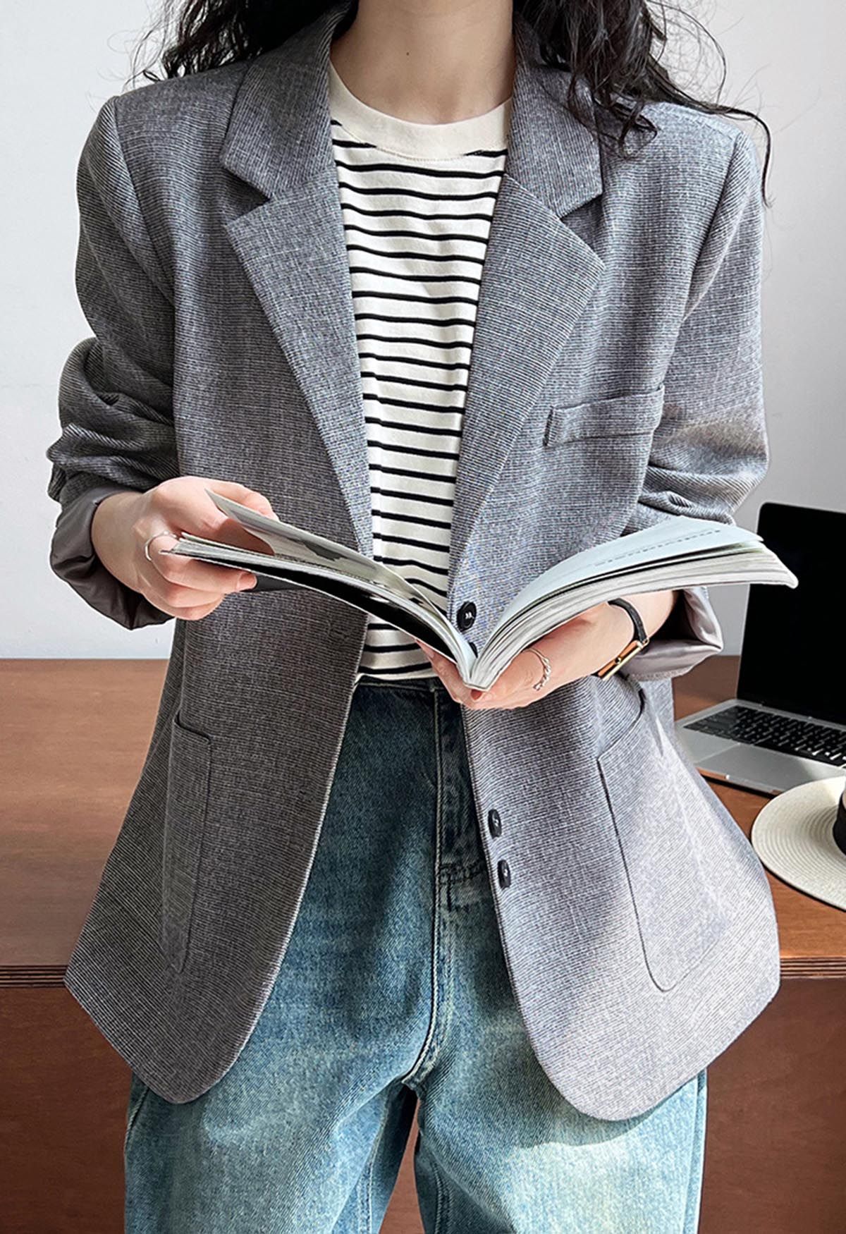 Patch Pocket Woven Texture Buttoned Blazer in Grey