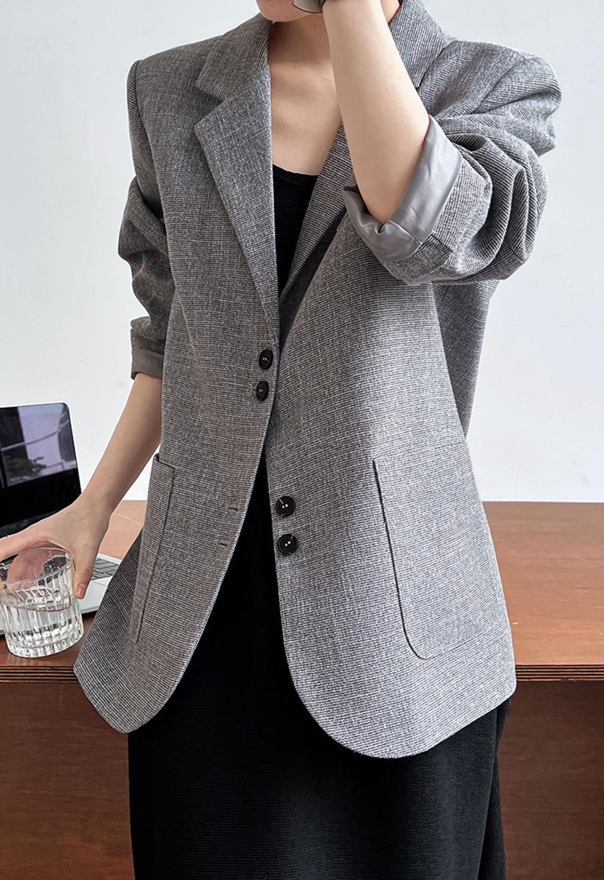 Patch Pocket Woven Texture Buttoned Blazer in Grey