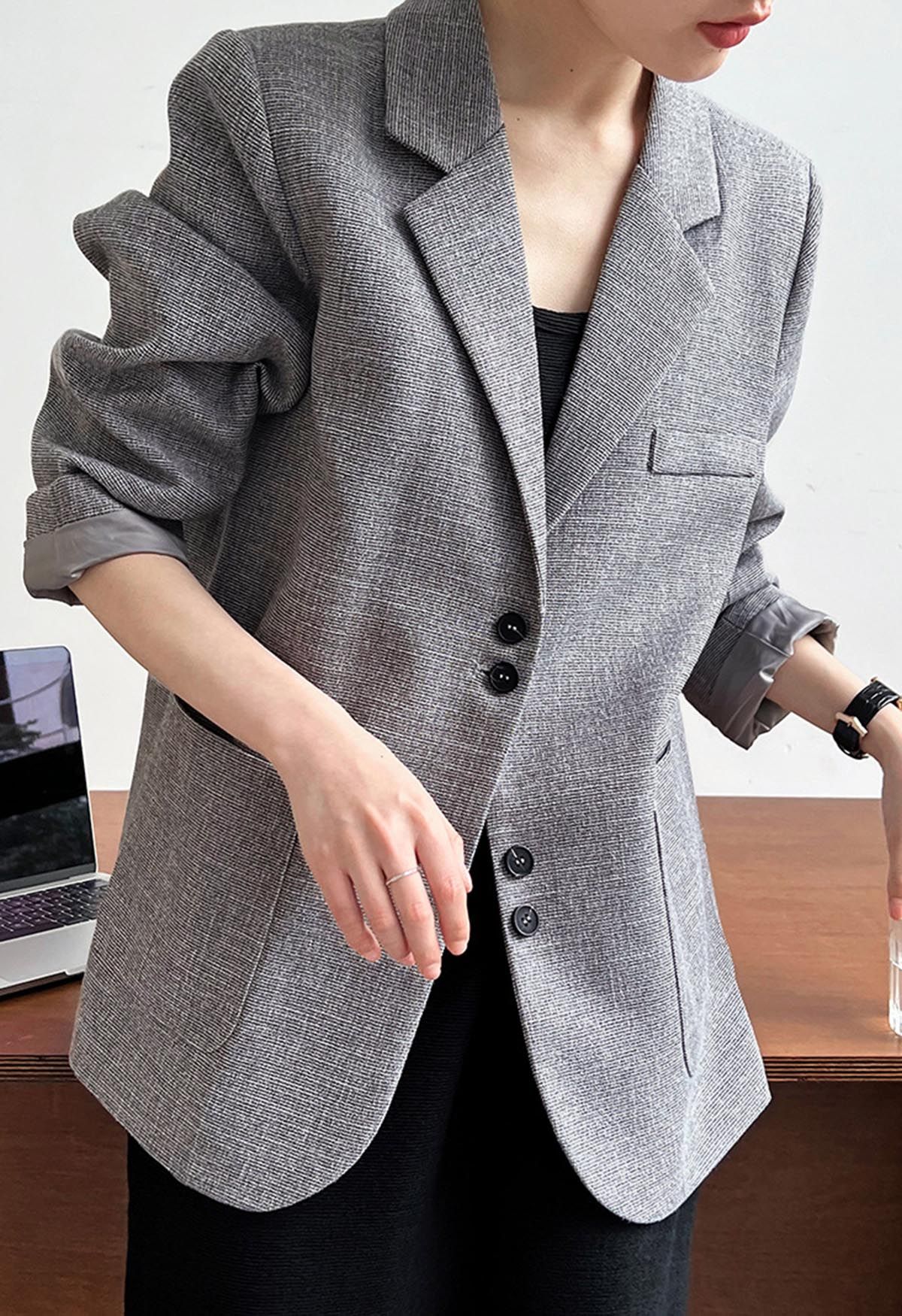 Patch Pocket Woven Texture Buttoned Blazer in Grey