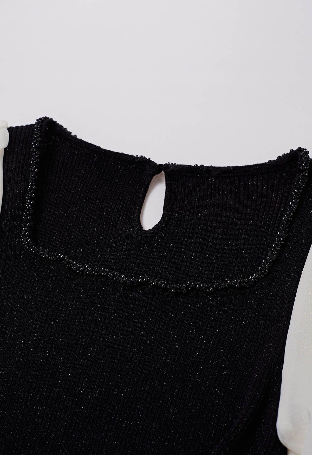 Beaded Square Neck Spliced Puff Sleeve Knit Top in Black