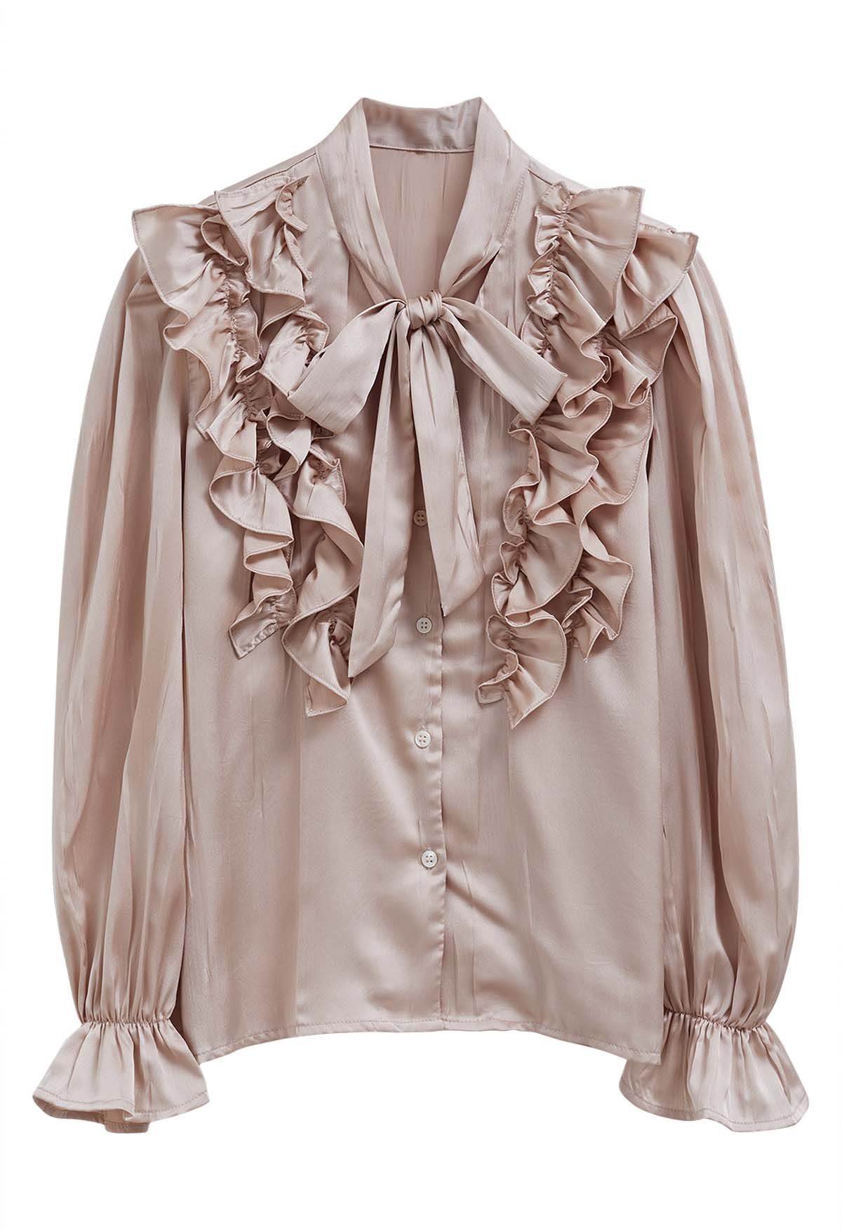 Tie-Neck Ruffle Trim Satin Shirt in Dusty Pink