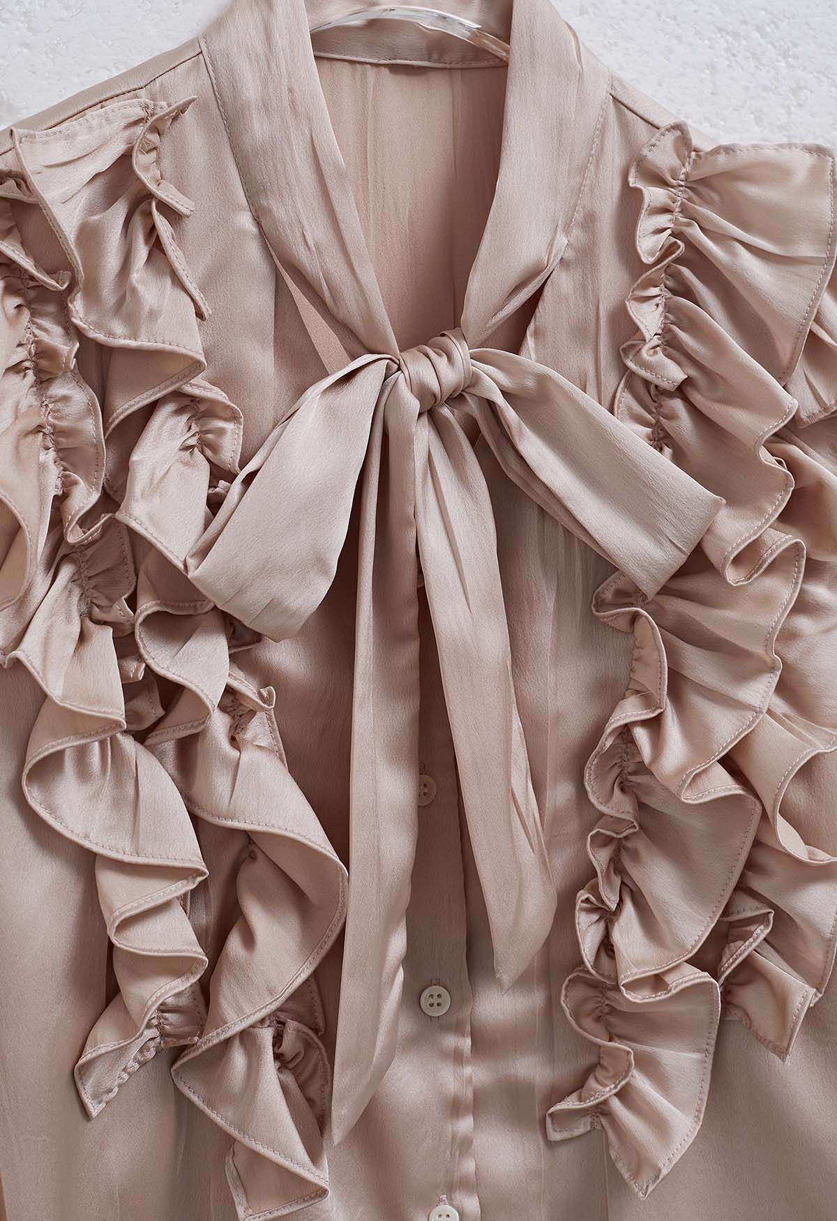 Tie-Neck Ruffle Trim Satin Shirt in Dusty Pink