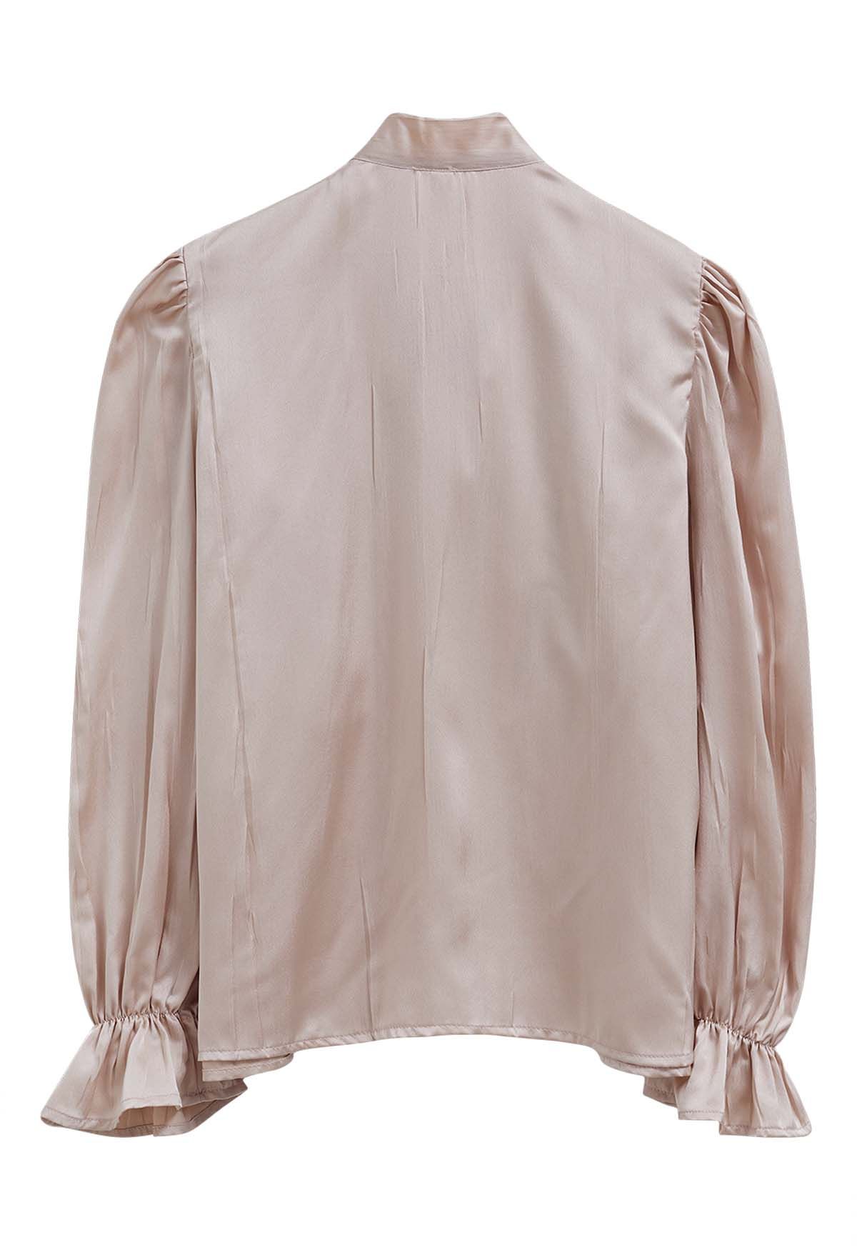 Tie-Neck Ruffle Trim Satin Shirt in Dusty Pink