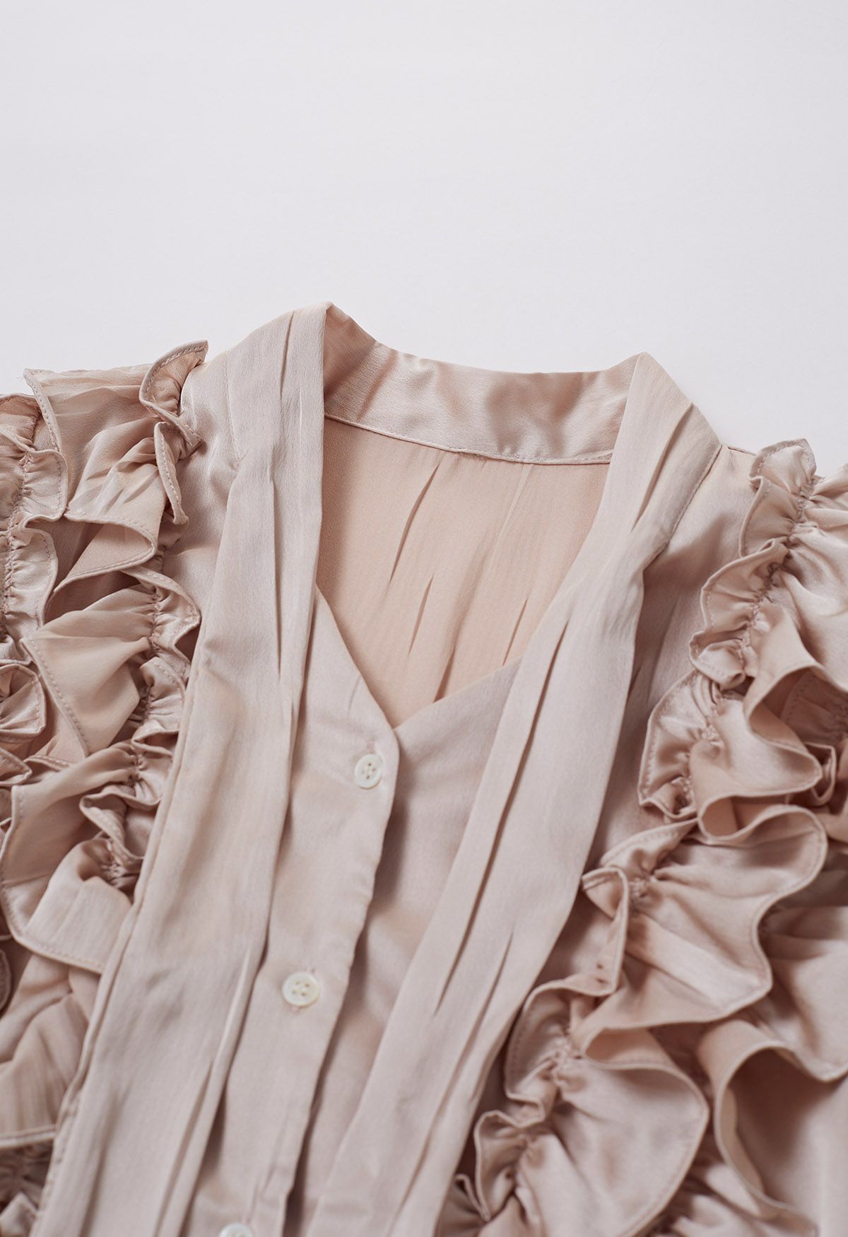 Tie-Neck Ruffle Trim Satin Shirt in Dusty Pink