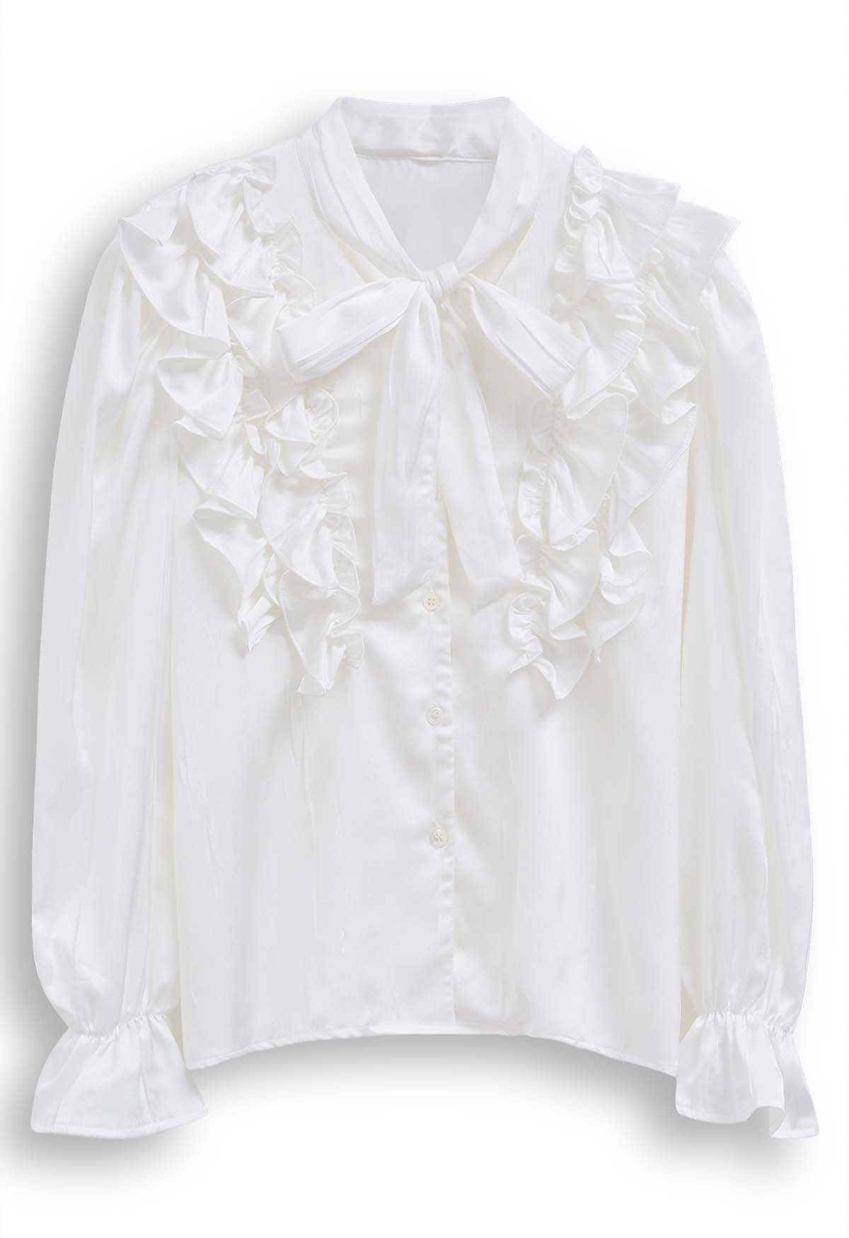 Tie-Neck Ruffle Trim Satin Shirt in White