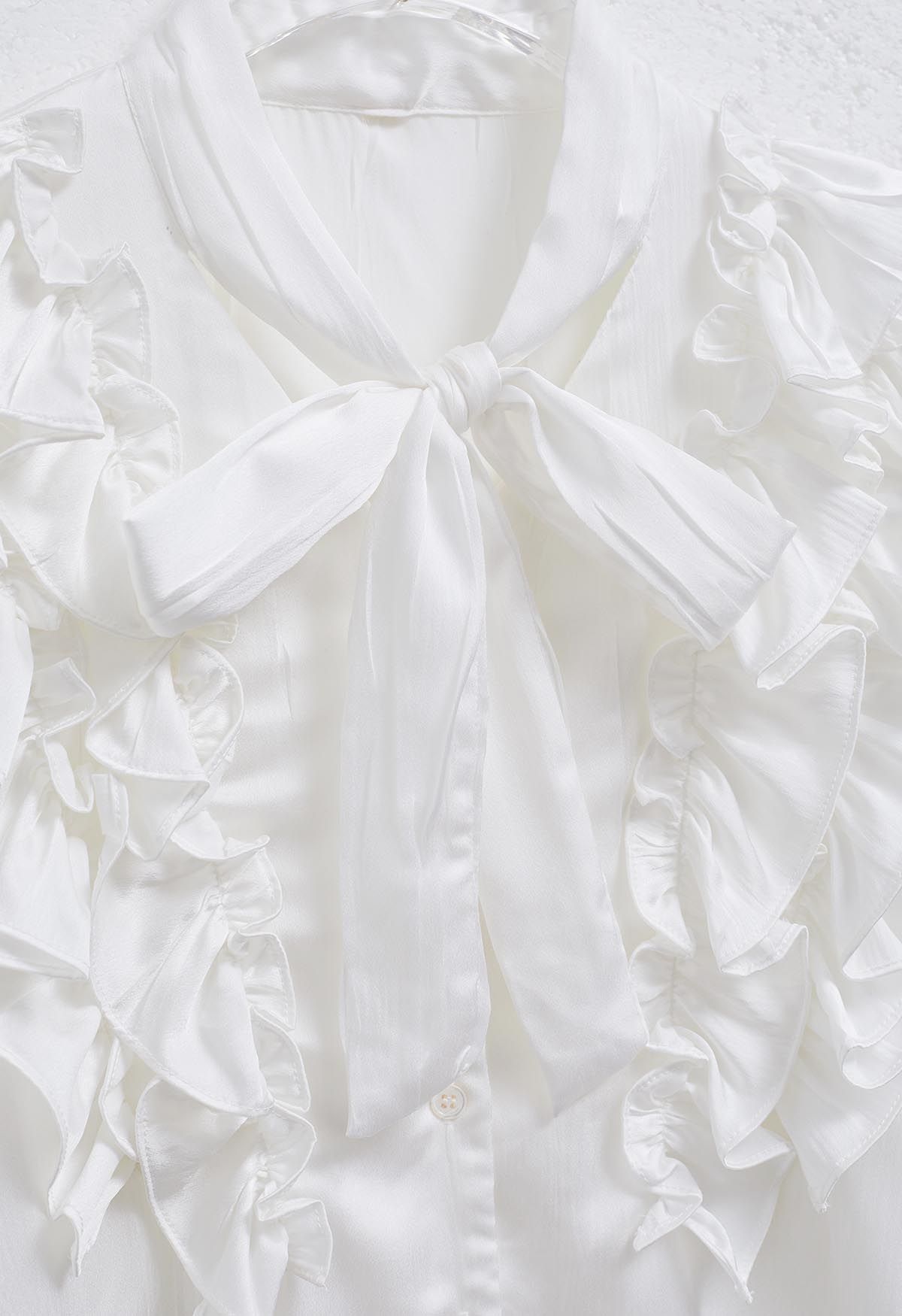 Tie-Neck Ruffle Trim Satin Shirt in White