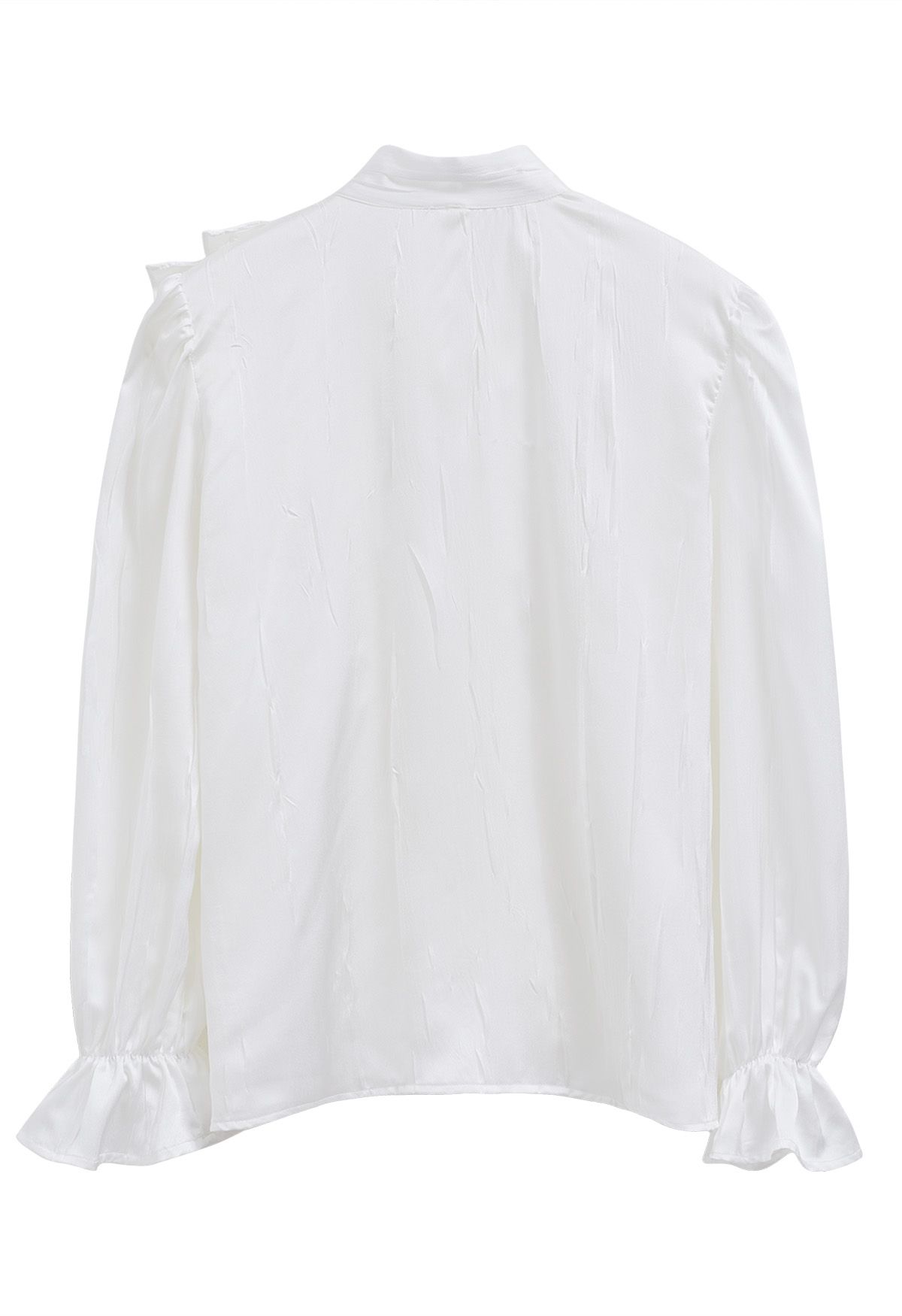 Tie-Neck Ruffle Trim Satin Shirt in White