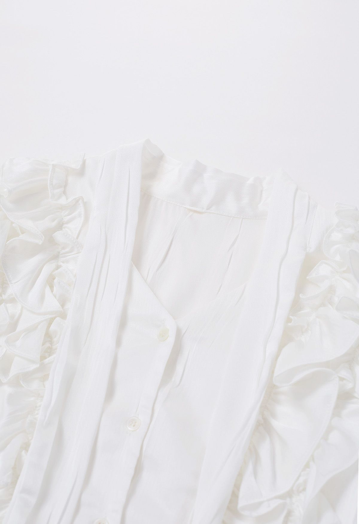 Tie-Neck Ruffle Trim Satin Shirt in White