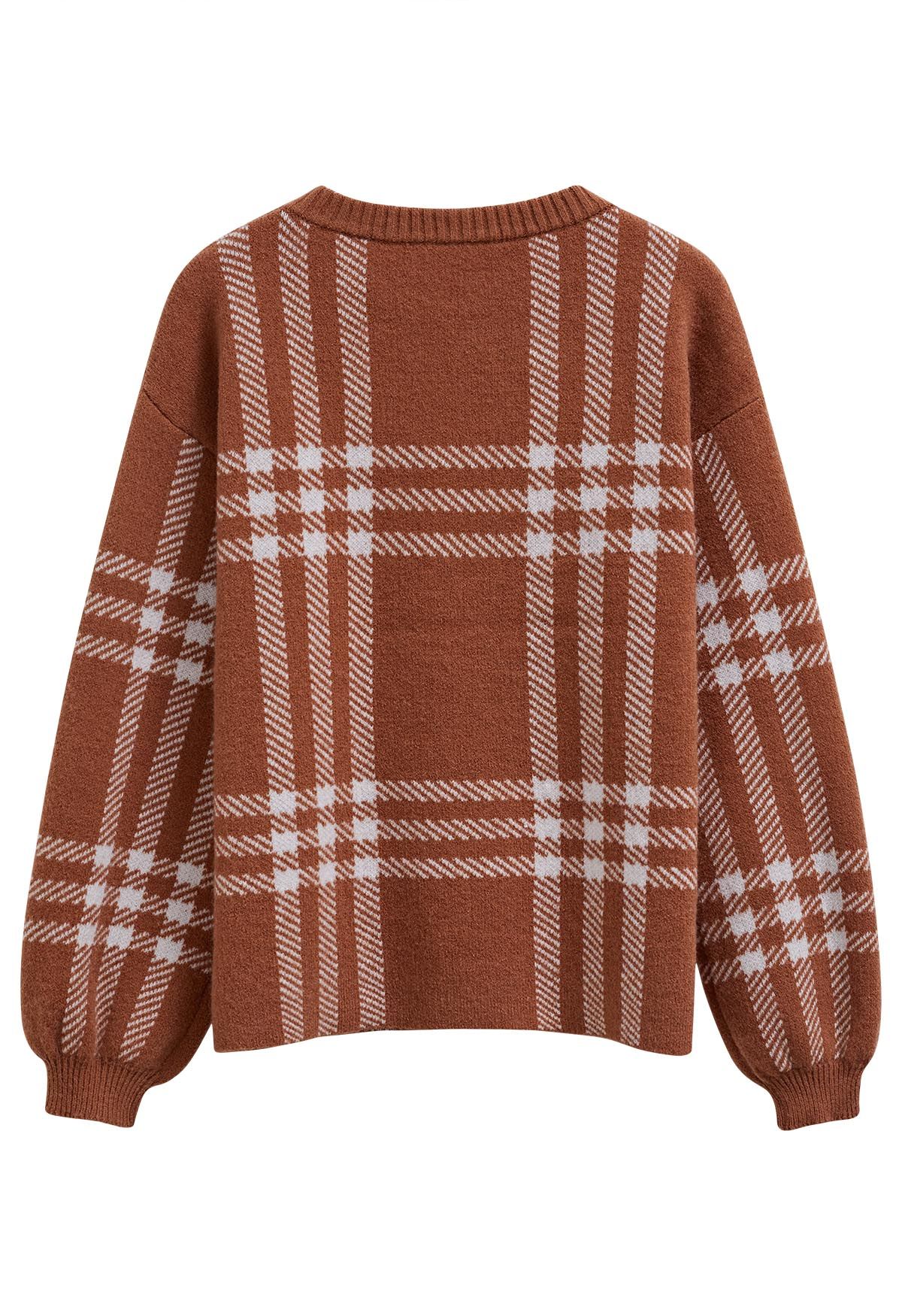 Classic Plaid Round Neck Knit Sweater in Caramel - Retro, Indie and ...