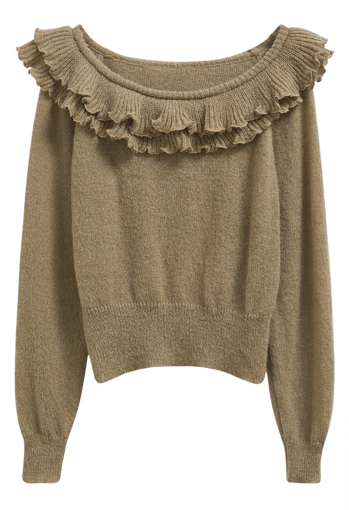 Shimmering Tiered Ruffle Off-Shoulder Knit Sweater in Camel