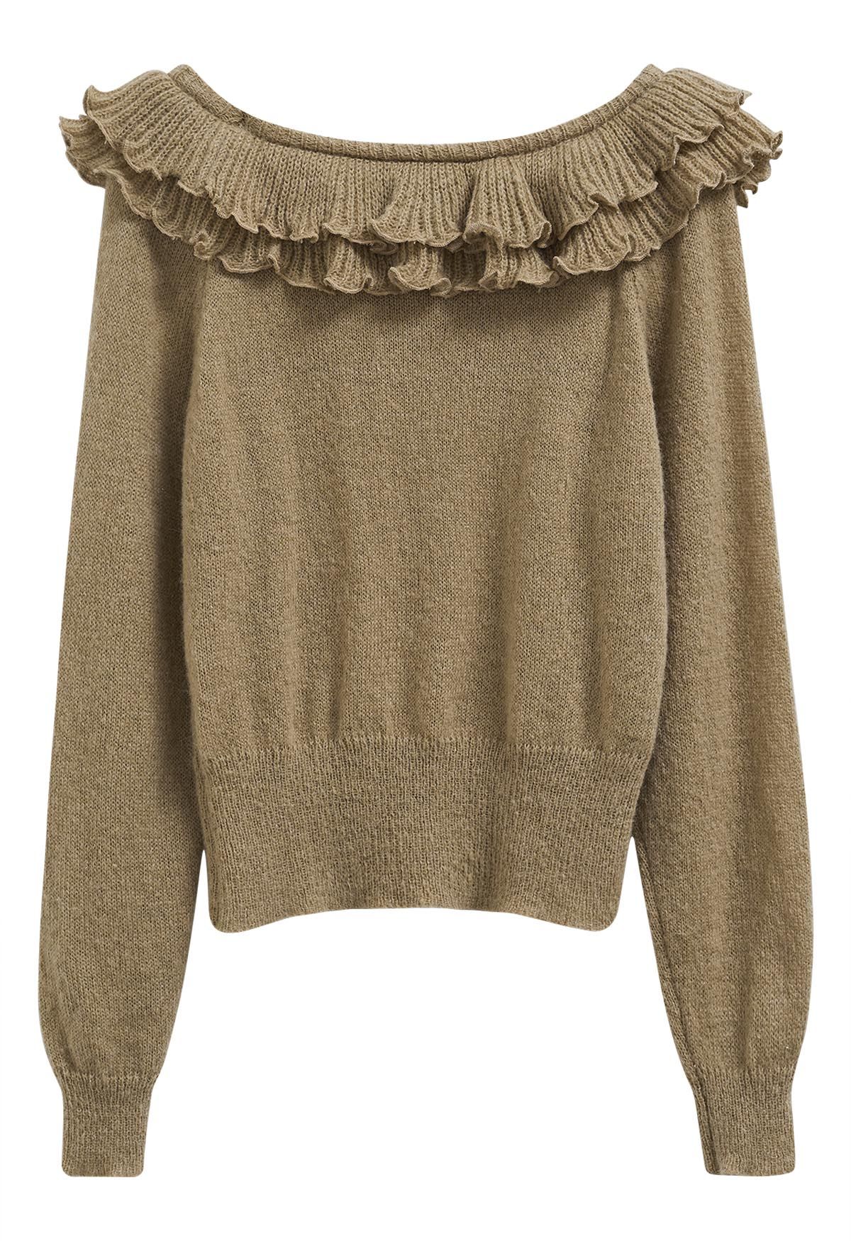 Shimmering Tiered Ruffle Off-Shoulder Knit Sweater in Camel