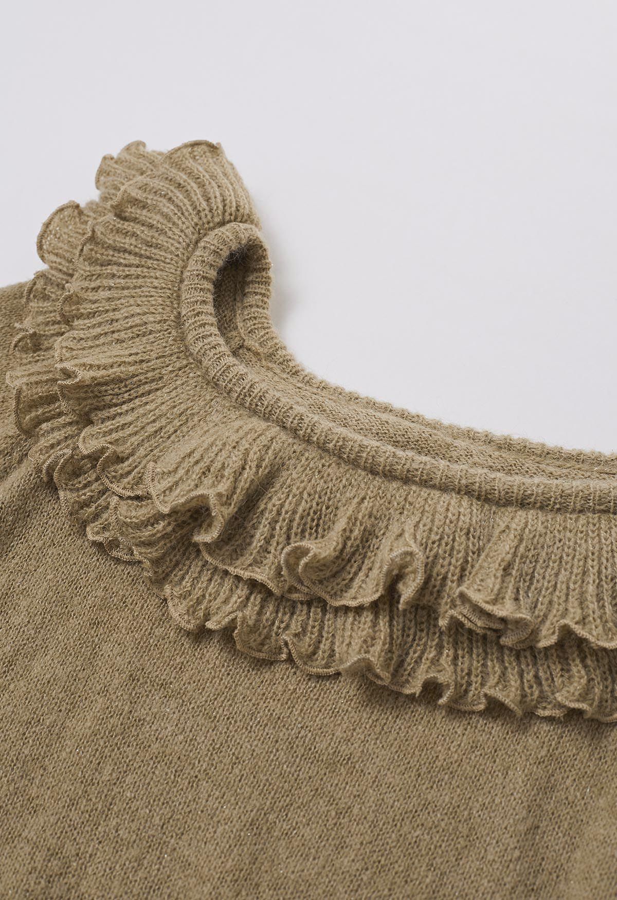 Shimmering Tiered Ruffle Off-Shoulder Knit Sweater in Camel