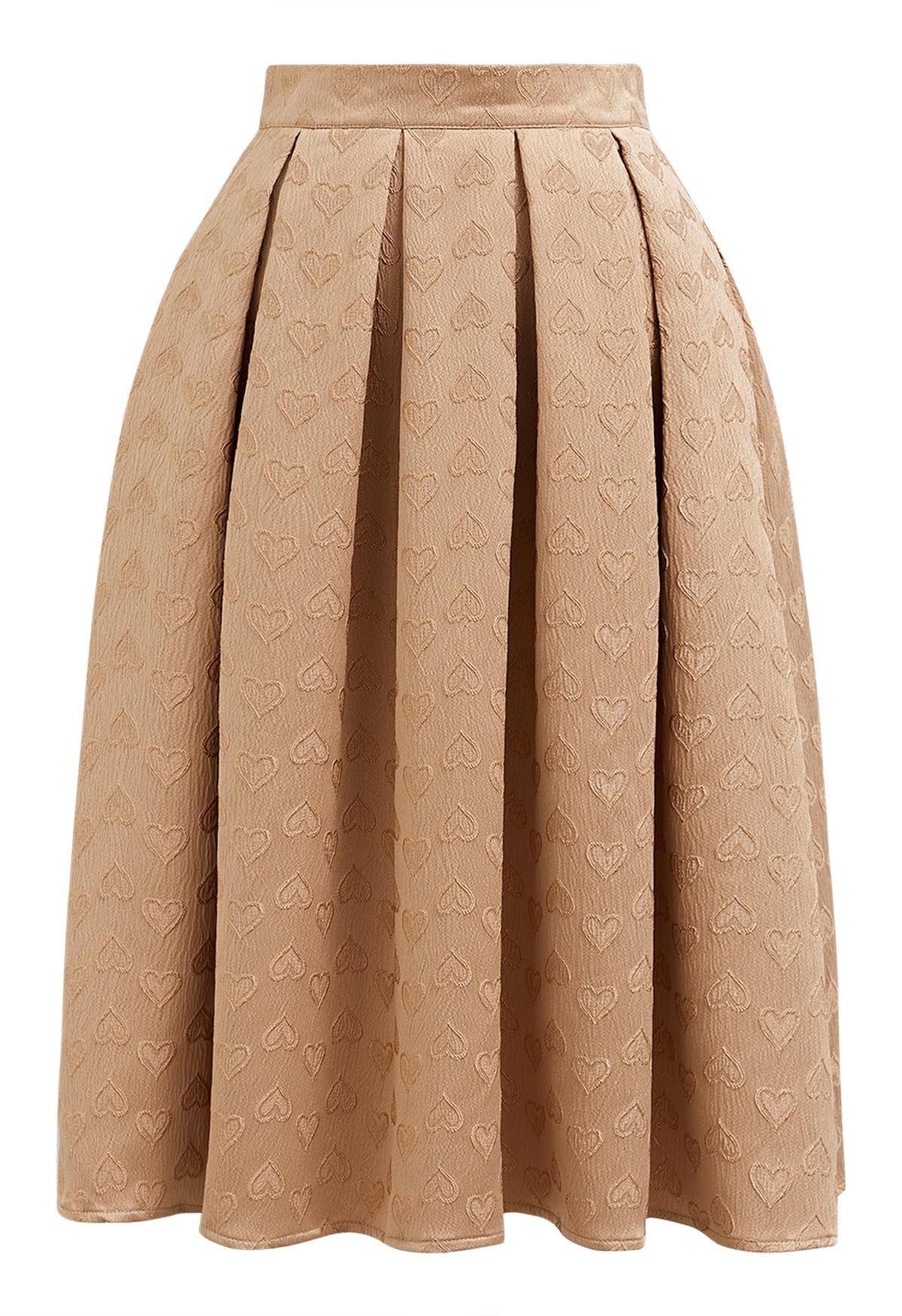 Oppositely Hearts Jacquard Pleated Midi Skirt in Apricot