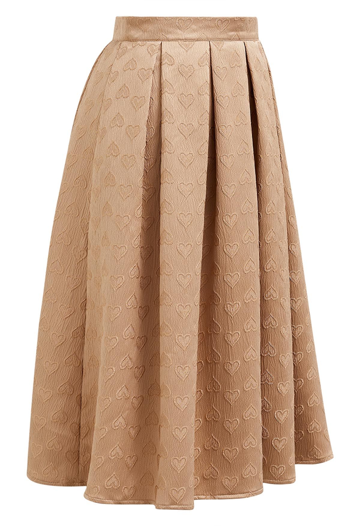 Oppositely Hearts Jacquard Pleated Midi Skirt in Apricot