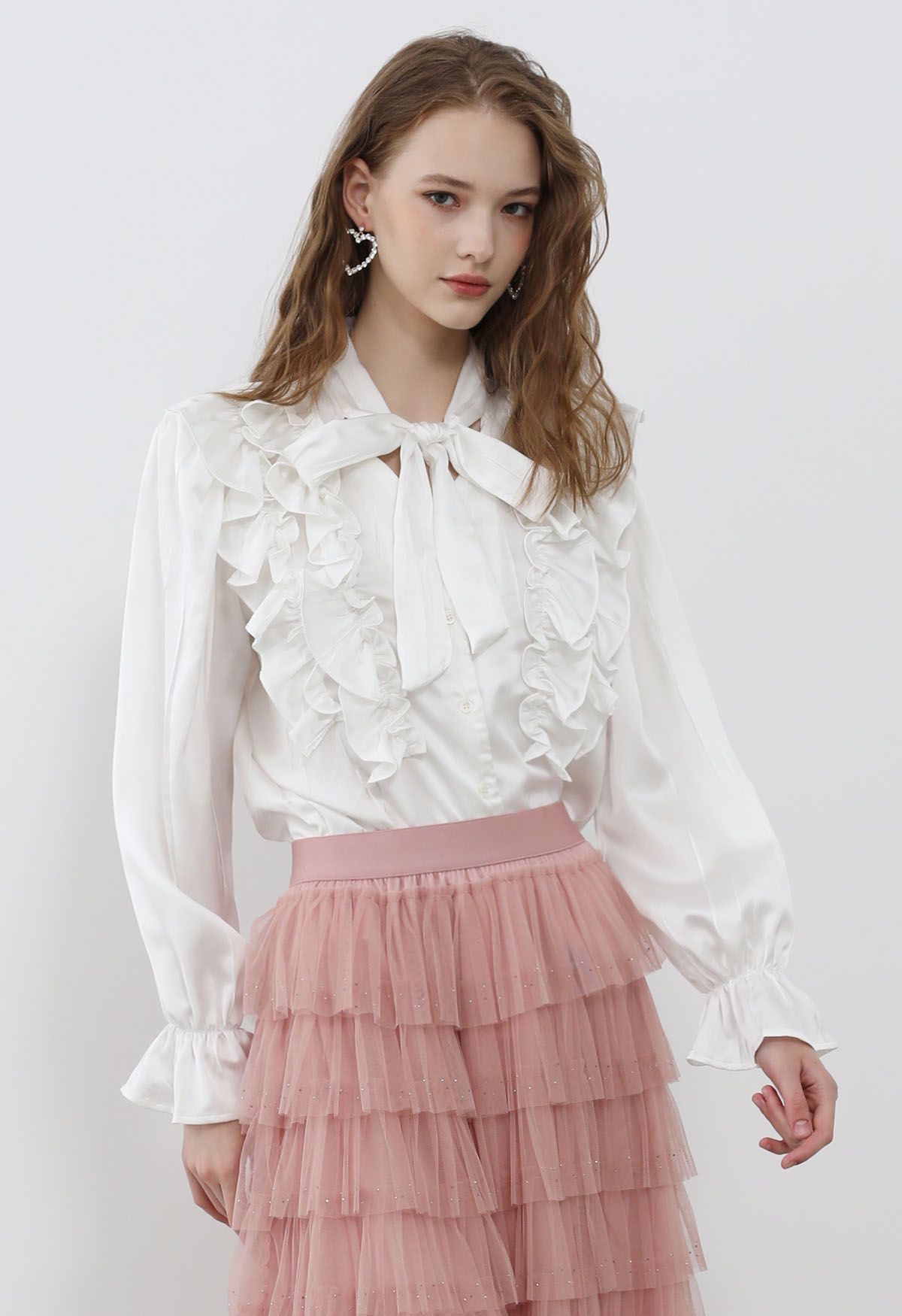 Tie-Neck Ruffle Trim Satin Shirt in White