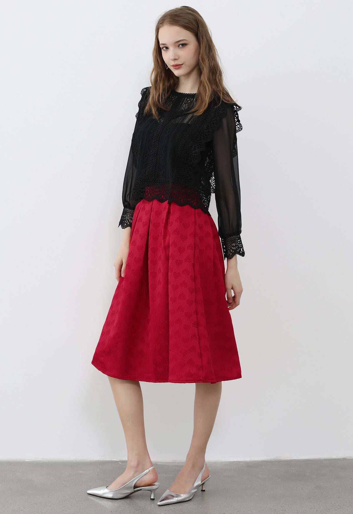 Sheer Sleeve Spliced Cutwork Lace Top in Black