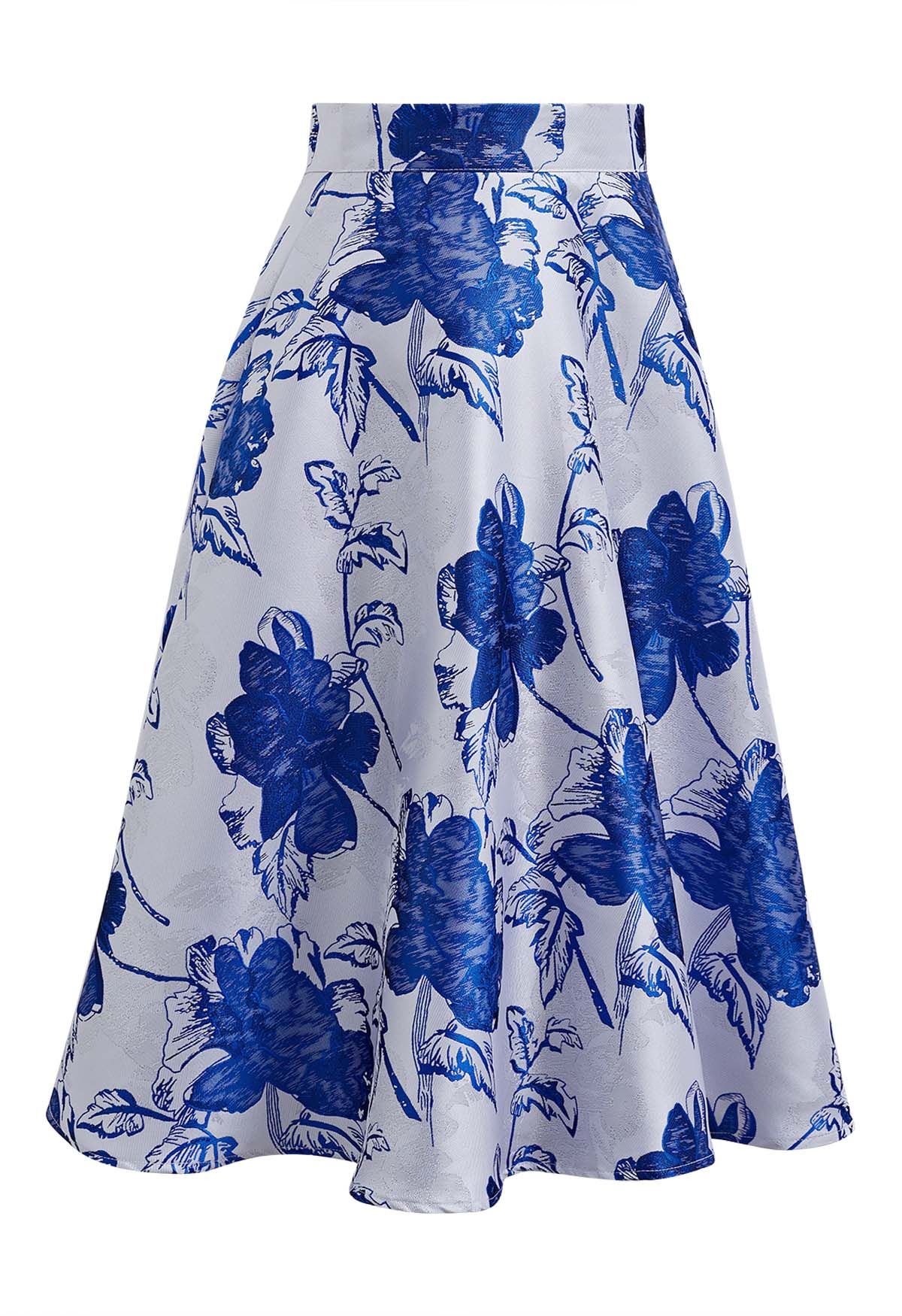 Blue Blossom Jacquard A-Line Midi Skirt - Retro, Indie and Unique Fashion