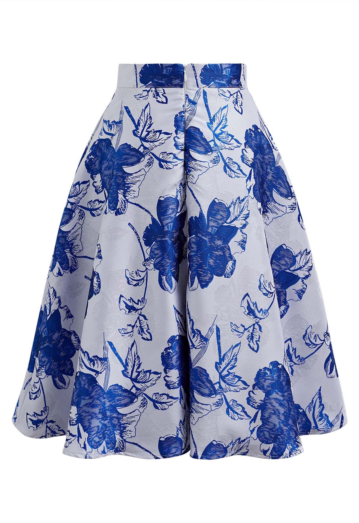 Blue Blossom Jacquard A-Line Midi Skirt