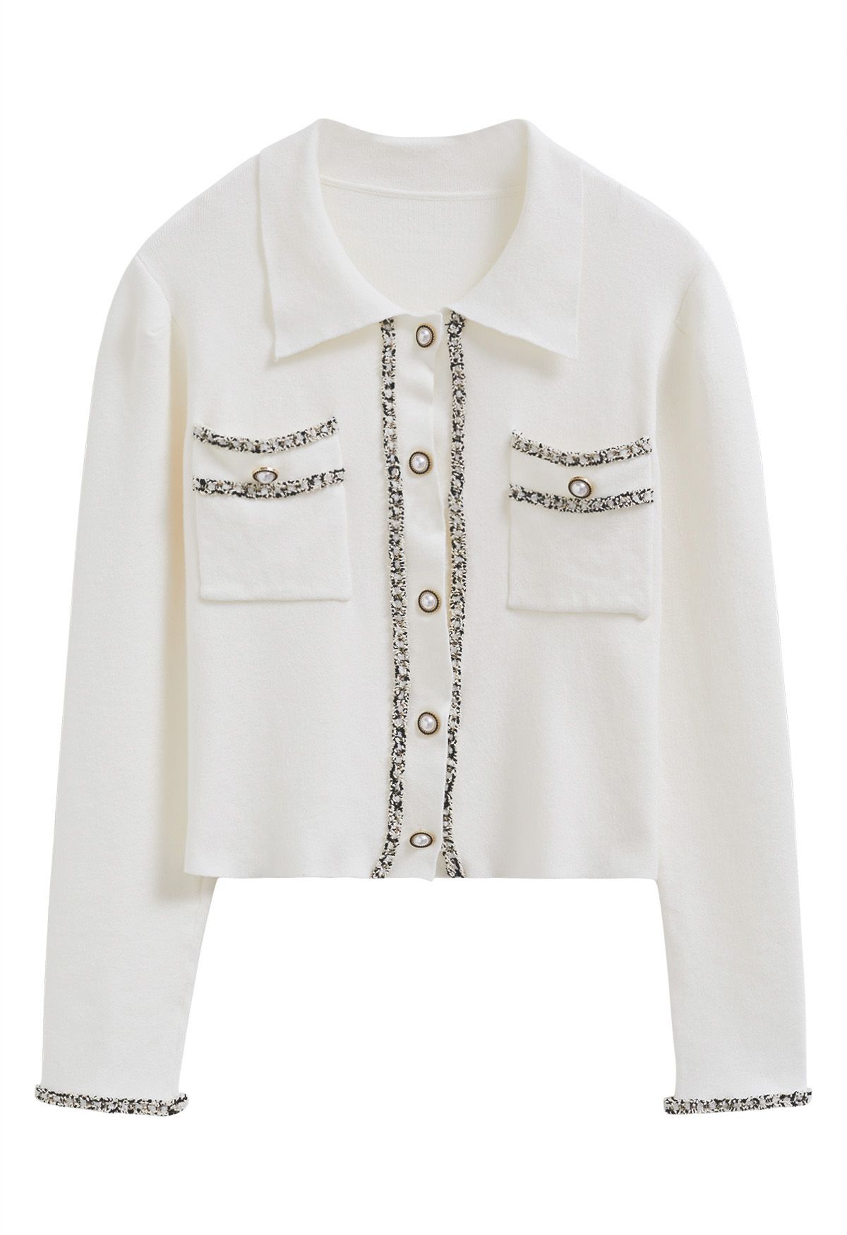 Contrast in Unique Knit Retro, Button Indie White Down - Trim Fashion Cardigan and