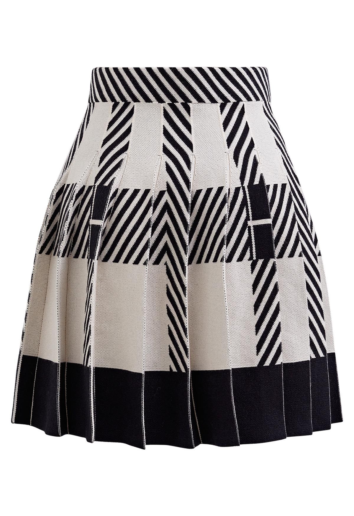 Color Block Striped Pleated Knit Skirt in Ivory