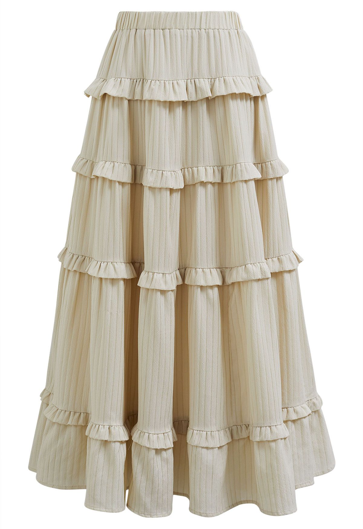 Ruffle Tiered Stripe Texture Maxi Skirt in Ivory