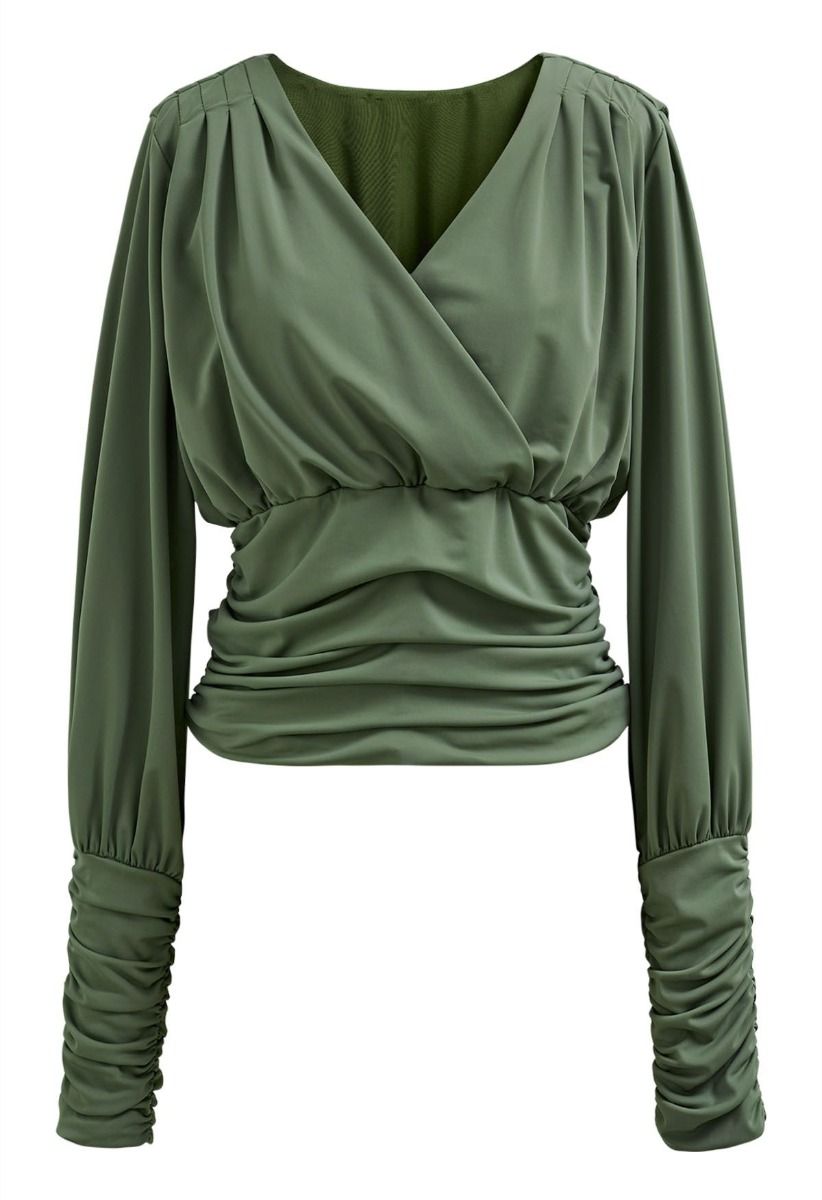 Tender Ruched Detail Faux Wrap Top in Moss Green