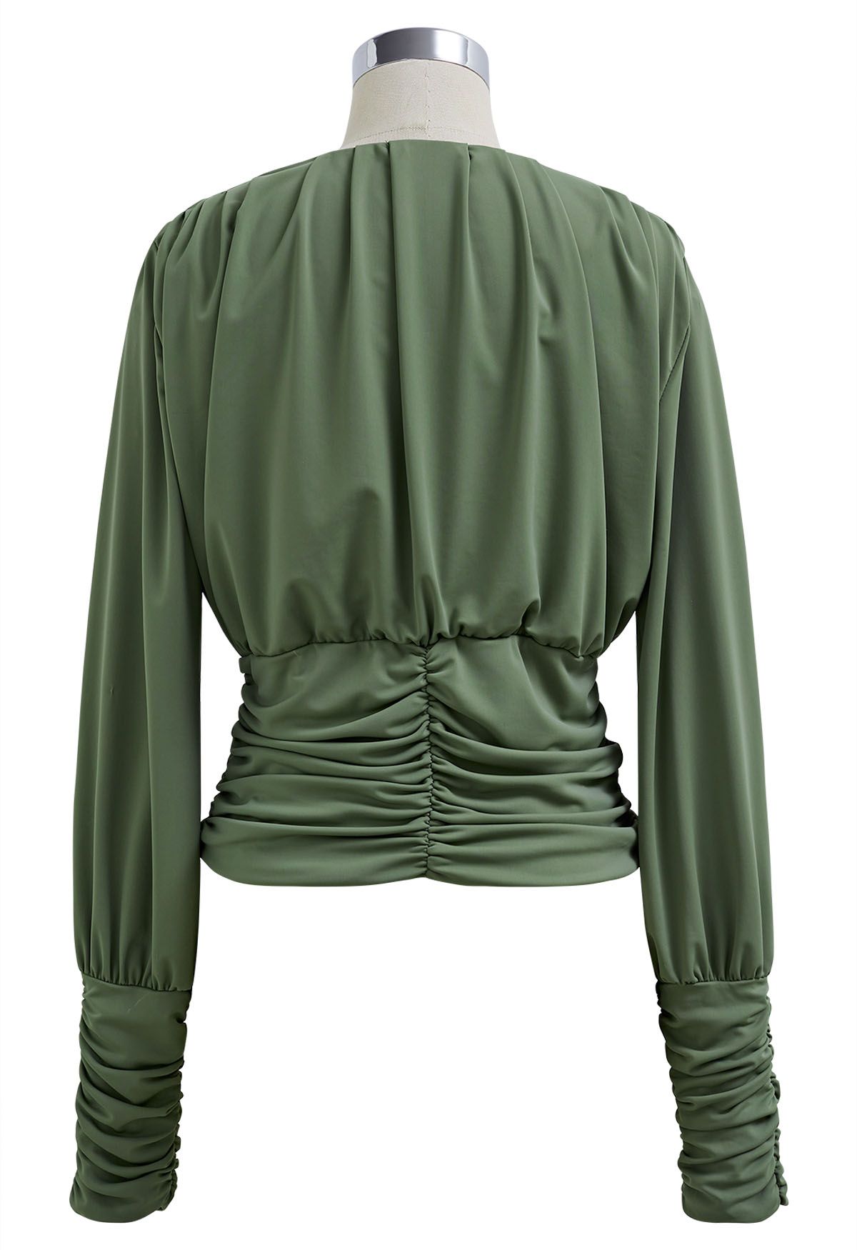 Tender Ruched Detail Faux Wrap Top in Moss Green