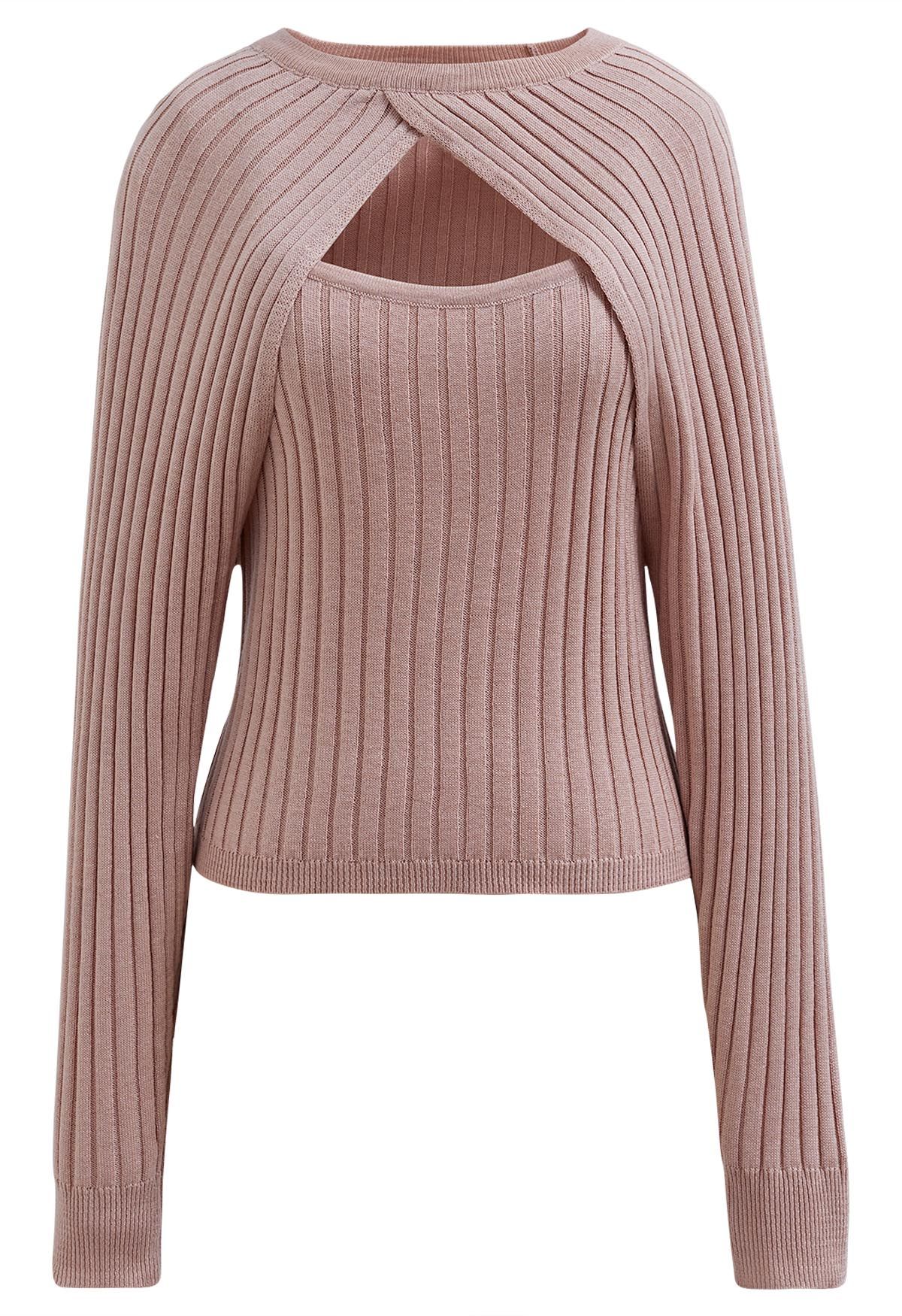 Solid Ribbed Knit Twinset Top in Pink