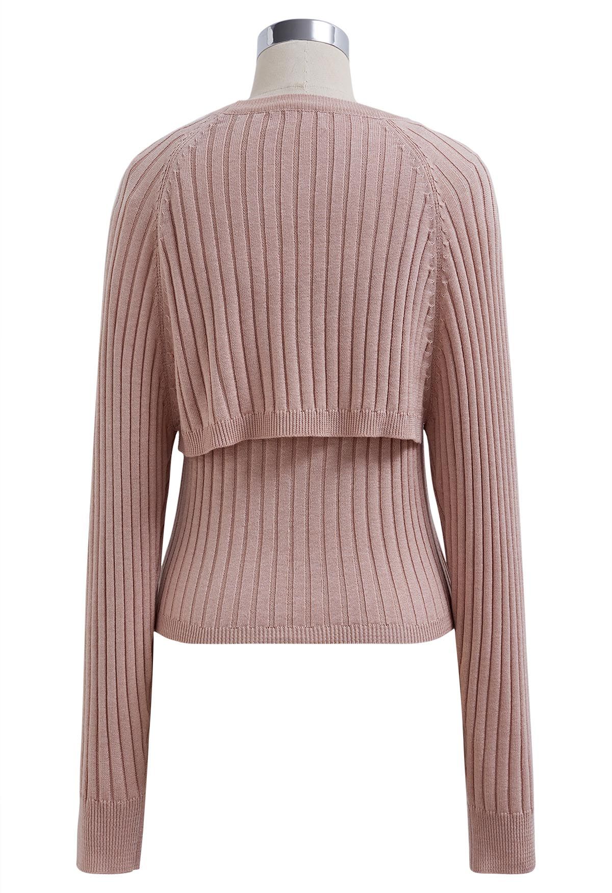 Solid Ribbed Knit Twinset Top in Pink