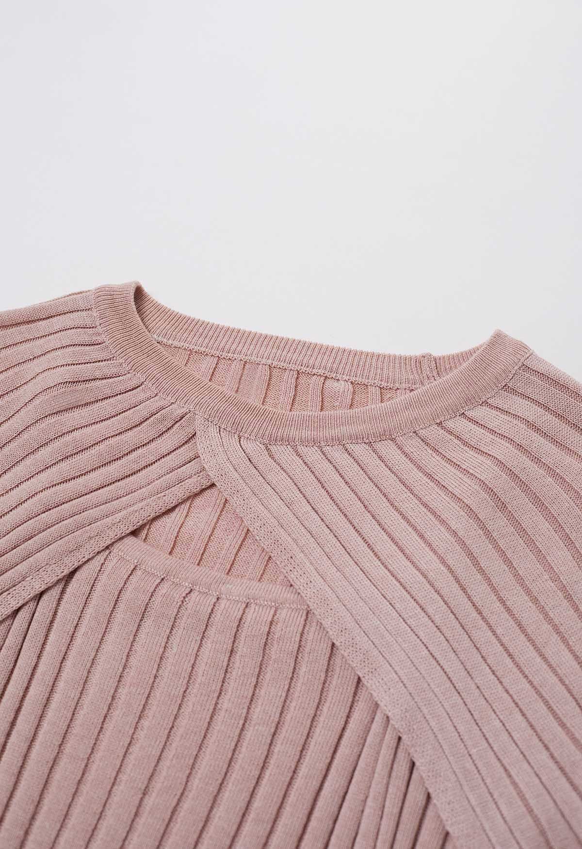 Solid Ribbed Knit Twinset Top in Pink