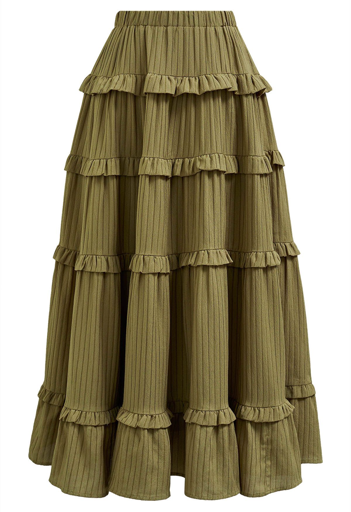 Ruffle Tiered Stripe Texture Maxi Skirt in Olive - Retro, Indie and ...