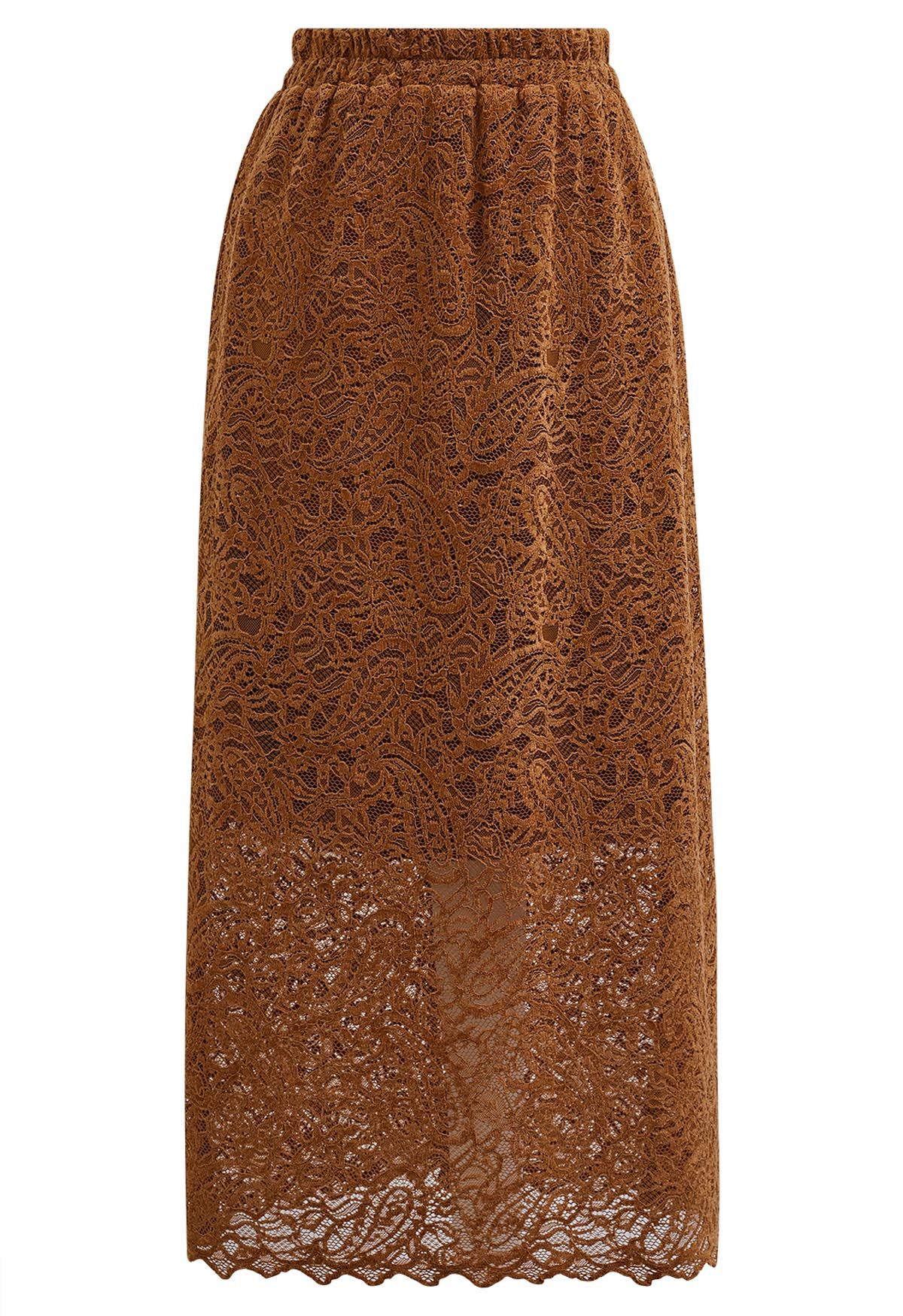 Intricate Cutwork Lace Midi Skirt in Pumpkin