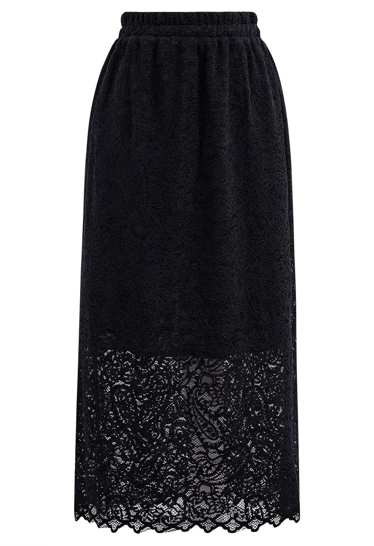 Intricate Cutwork Lace Midi Skirt in Black