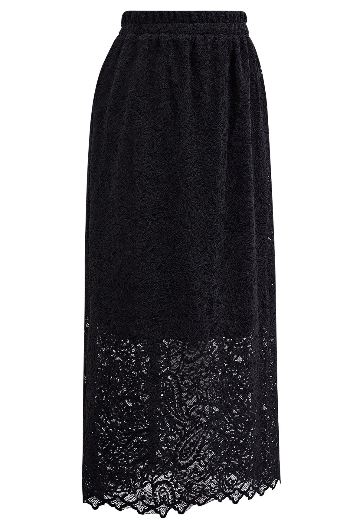 Intricate Cutwork Lace Midi Skirt in Black