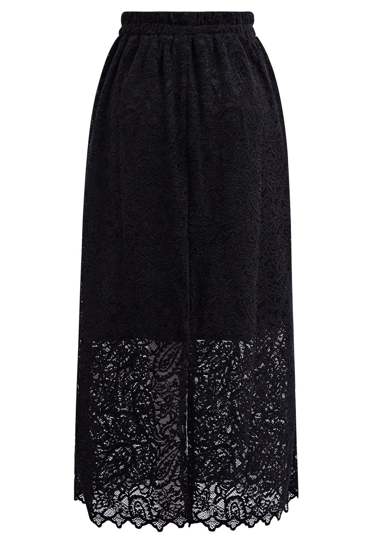 Intricate Cutwork Lace Midi Skirt in Black