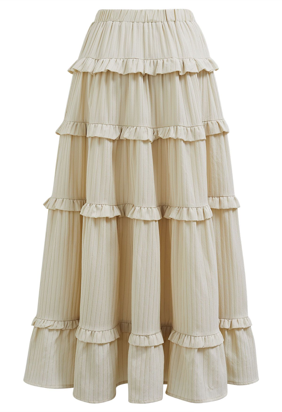 Ruffle Tiered Stripe Texture Maxi Skirt in Ivory