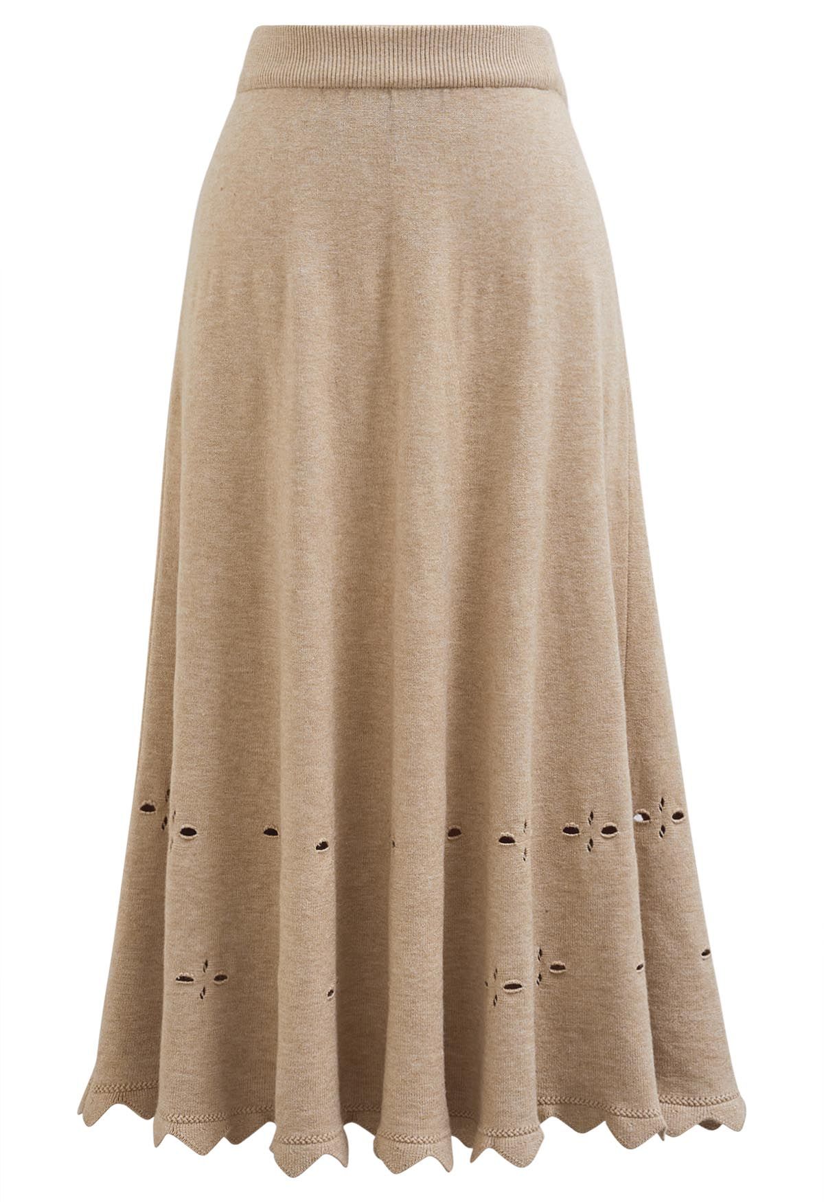 Zigzag Hemline Hollow Out Knit Midi Skirt in Oatmeal