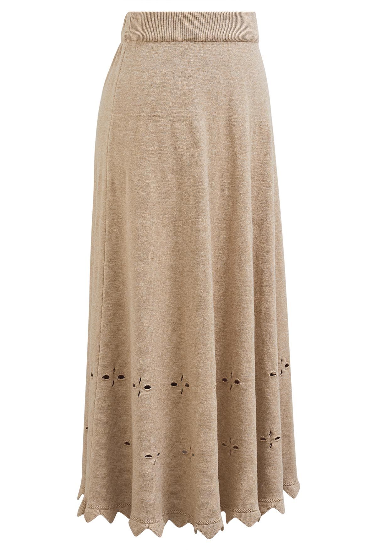 Zigzag Hemline Hollow Out Knit Midi Skirt in Oatmeal